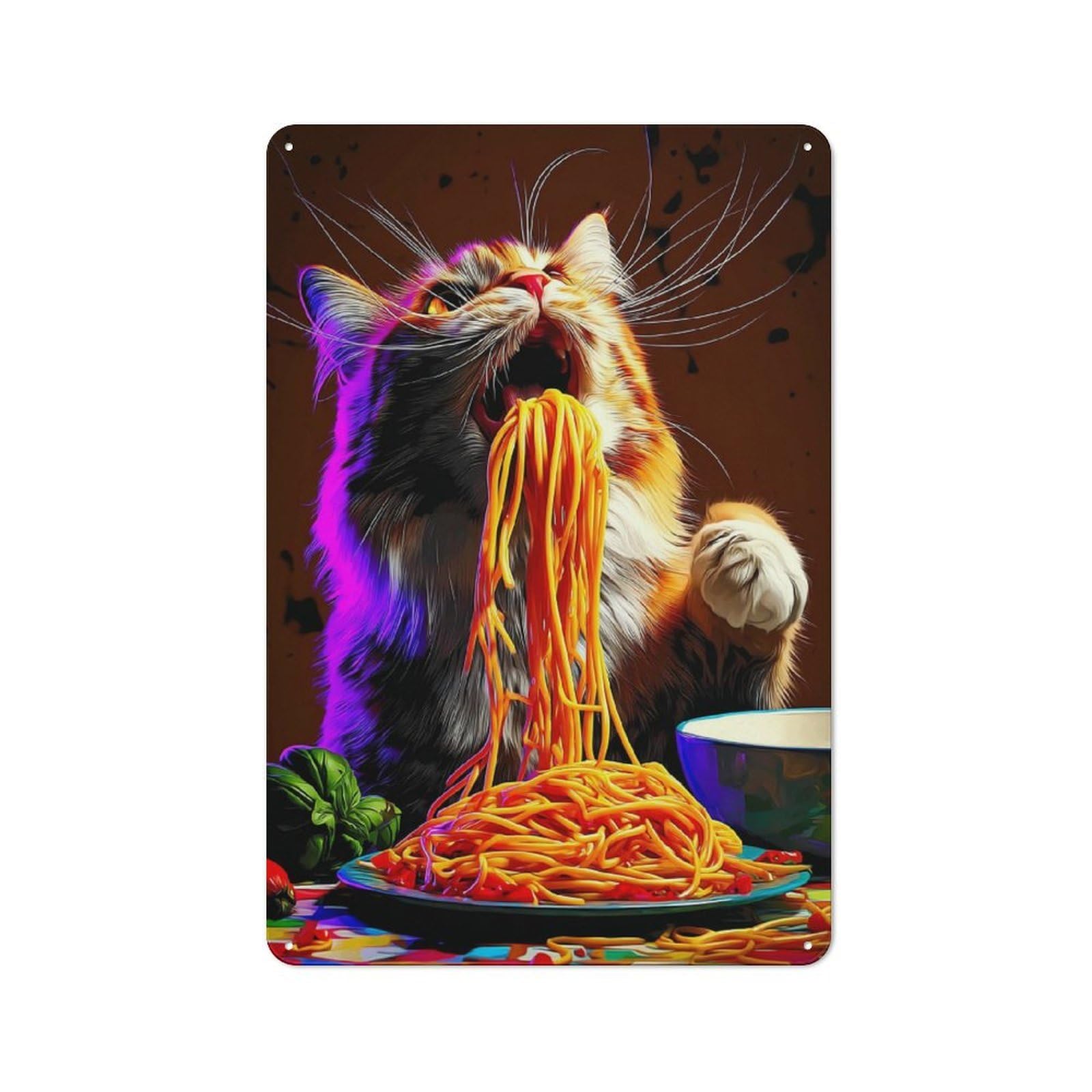 Junmoney Cat Devouring Spaghetti A Whimsical Feast! Metal Wall Sign 30X20cm Featuring For Living Room Wall, For Metal Sign Collectors, For Garage And Workshop Walls