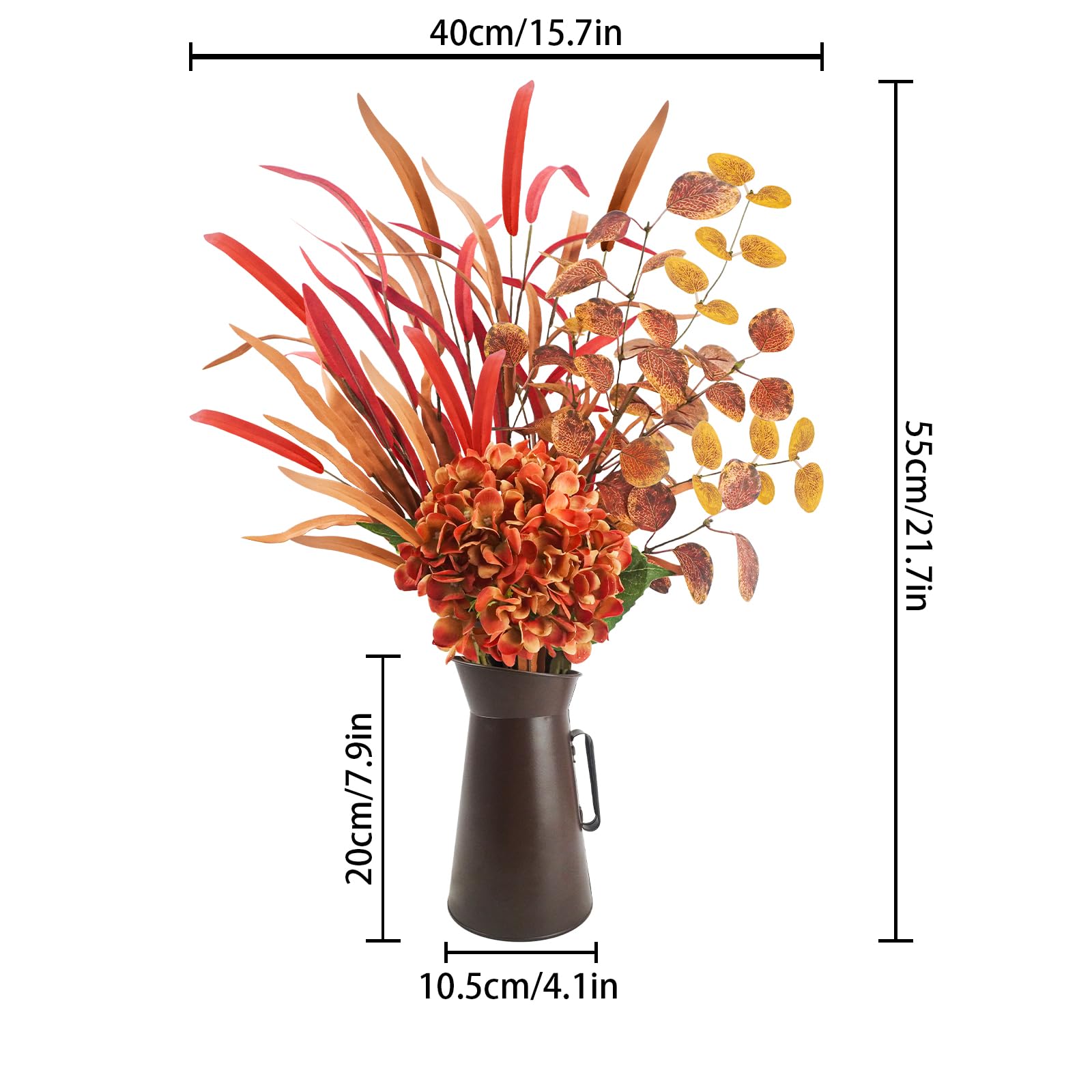 unlemoni Artificial Fall Flowers with Metal Pot, Orange Silk Fall Leaves Stems with Hydrangea & Eucalyptus for Autumn Thanksgiving Flowers Arrangement Wedding Table Centerpiece Fall Home Decorations