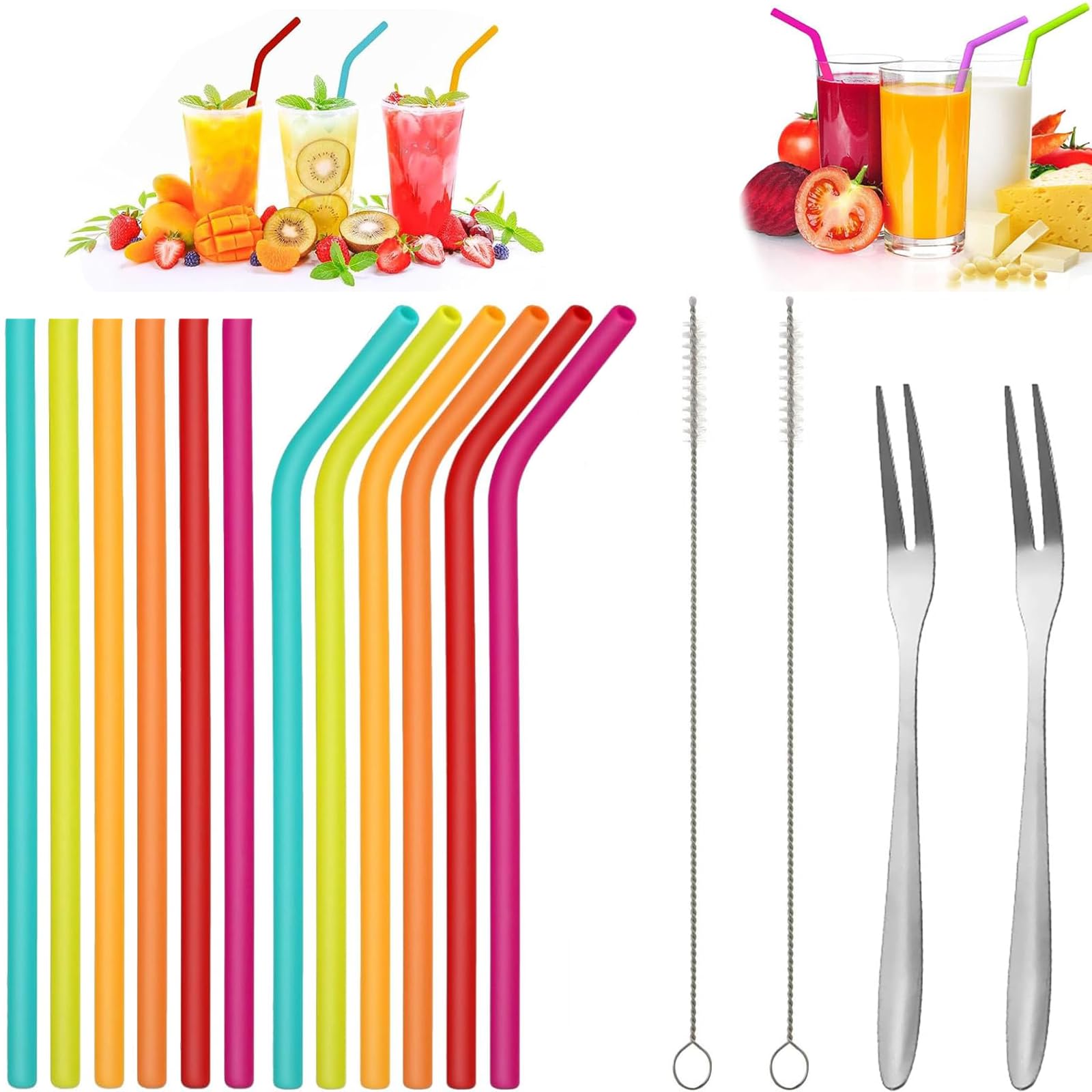 16 Pcs Silicone Straws Reusable Set - 12Flexible Drinking Straws + 2Cleaning Brushes and 2 Fork, Colorful Bend Drinking Straws, Regular Size for Adults Kids, Cocktails & Cold Drinks (Assorted Colors)