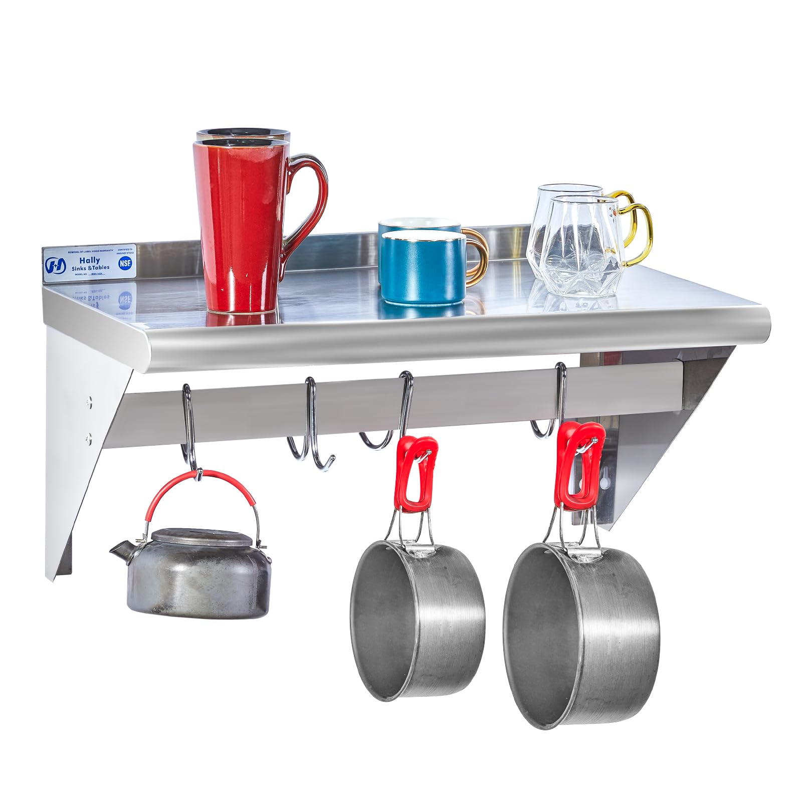 Hally Stainless Steel Shelf with 4 Hooks 14"x24" Wall Mounted Pot Rack NSF