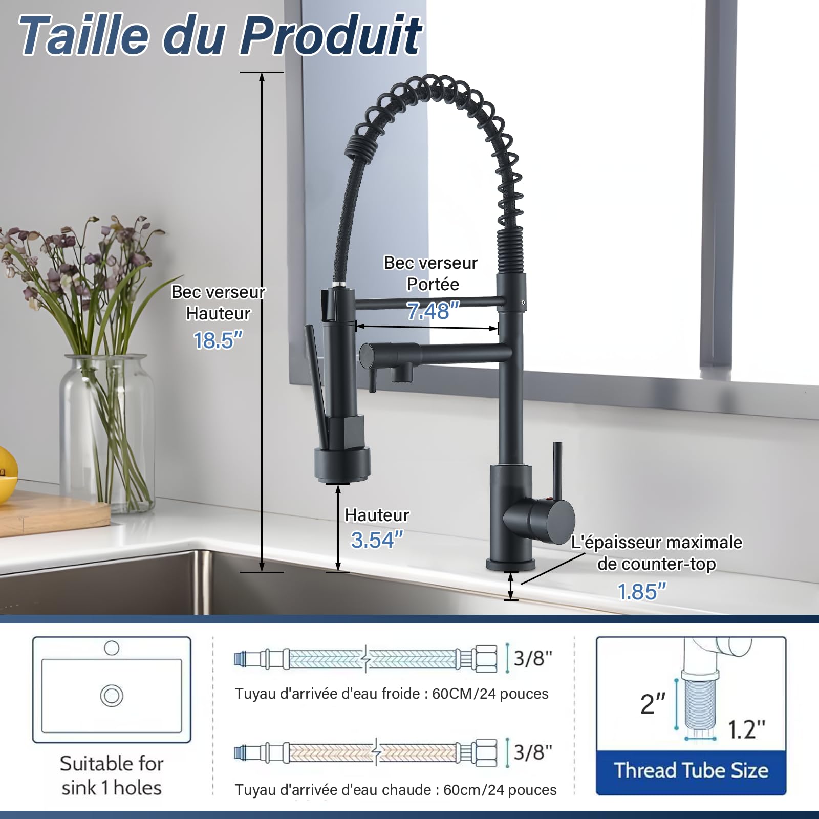 Robinet de Cuisine avec Douchette Abaissée,Robinet d'évier en Acier Inoxydable,Rotatif à 360° avec Deux Fonctions de Pulvérisation,Noir