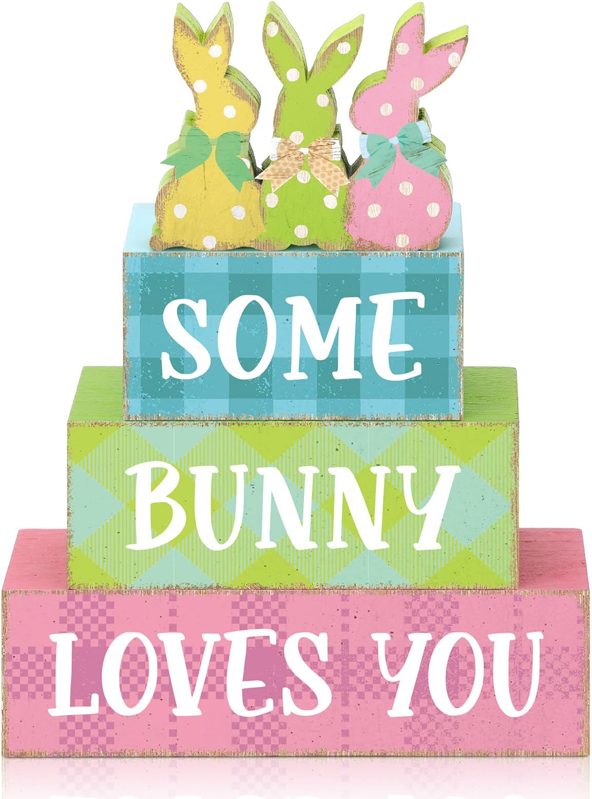 Motionchic 4 Pcs Easter Bunny Table Sign Wooden Table Decor Farmhouse Holiday Sign Easter Tabletop Centerpieces Spring Wood Blocks Tiered Tray Decor for Home Kitchen(Dot Bunny)