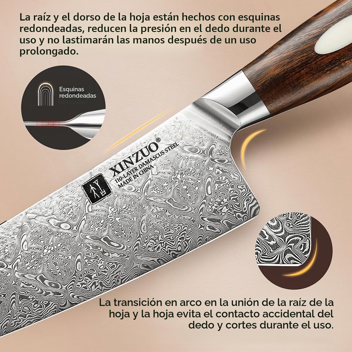 XINZUO 110 Capas de Acero Damasco Set Cuchillo Cocina 5 Piezas, Profesional Juego de Cuchillos de Cocina Forjado a Mano, Mango de Desert Ironwood y Caja de Regalo, Para Carne, Verduras, Fruta, Pan