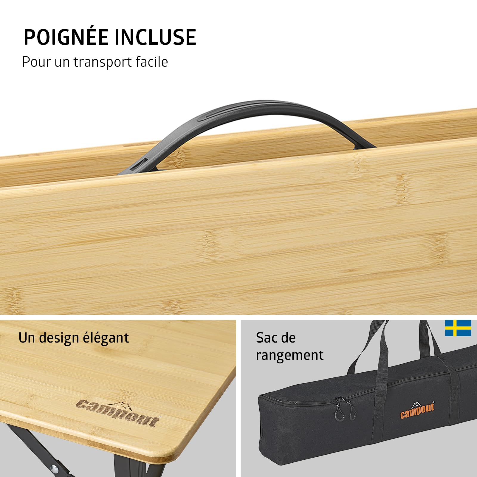 Campout Table de Camping Pliante 120 x 70 x 70 cm – Table Pliante Extérieur Réglable pour 6 Personnes – Poignée Intégrée – Bambou