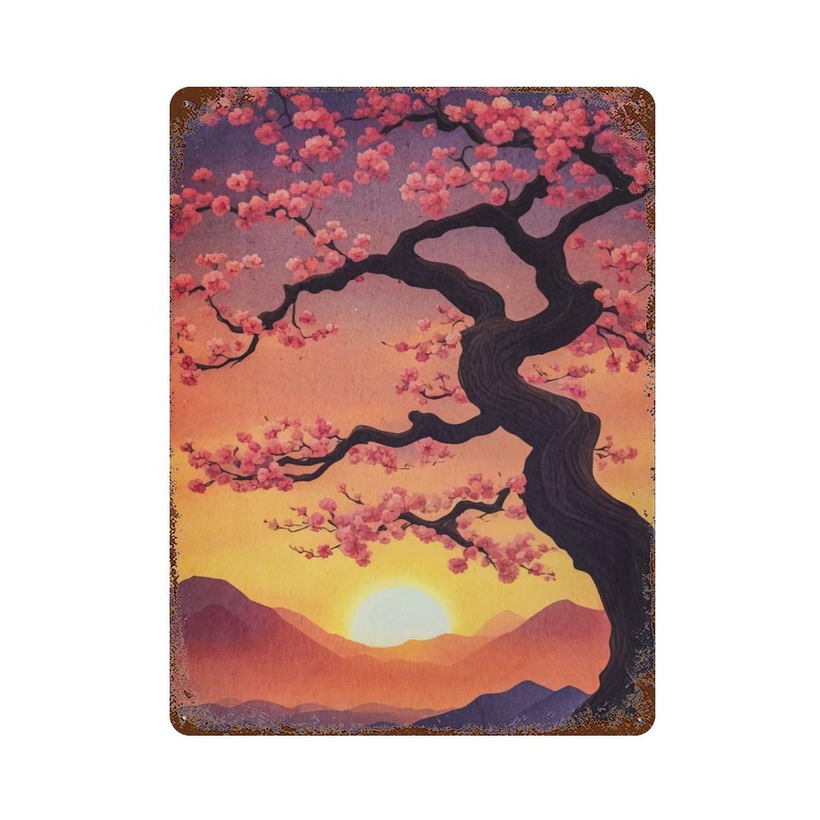 Cherry Blossom Japanese Vintage Metal Tin Sign 15.7"x11.8", Farmhouse Wall Decor for Living Room, Hallway And Home Decor