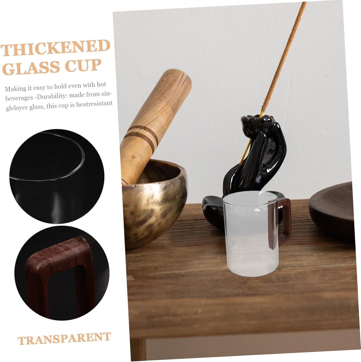 Clear Glass Coffee Cup with Wooden Handle Mug for Tea Latte and Espresso Beverages Minimalist Design for Everyday Use