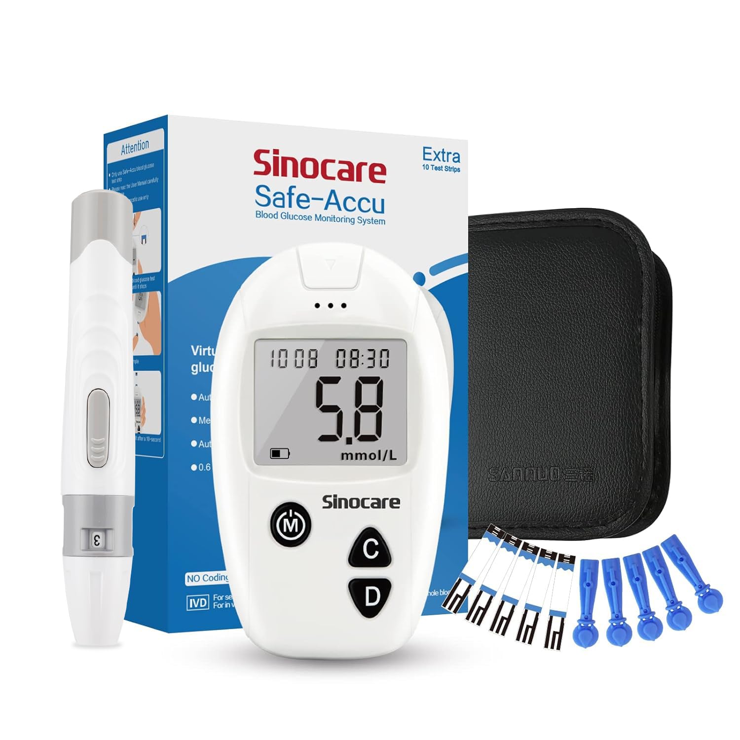 Diabetes Testing Kit/Blood Glucose Monitor Safe-Accu/Blood Glucose Sugar Test Kit with Separated Test Strips Free x 10 & Case for UK Diabetics -in mmol/L