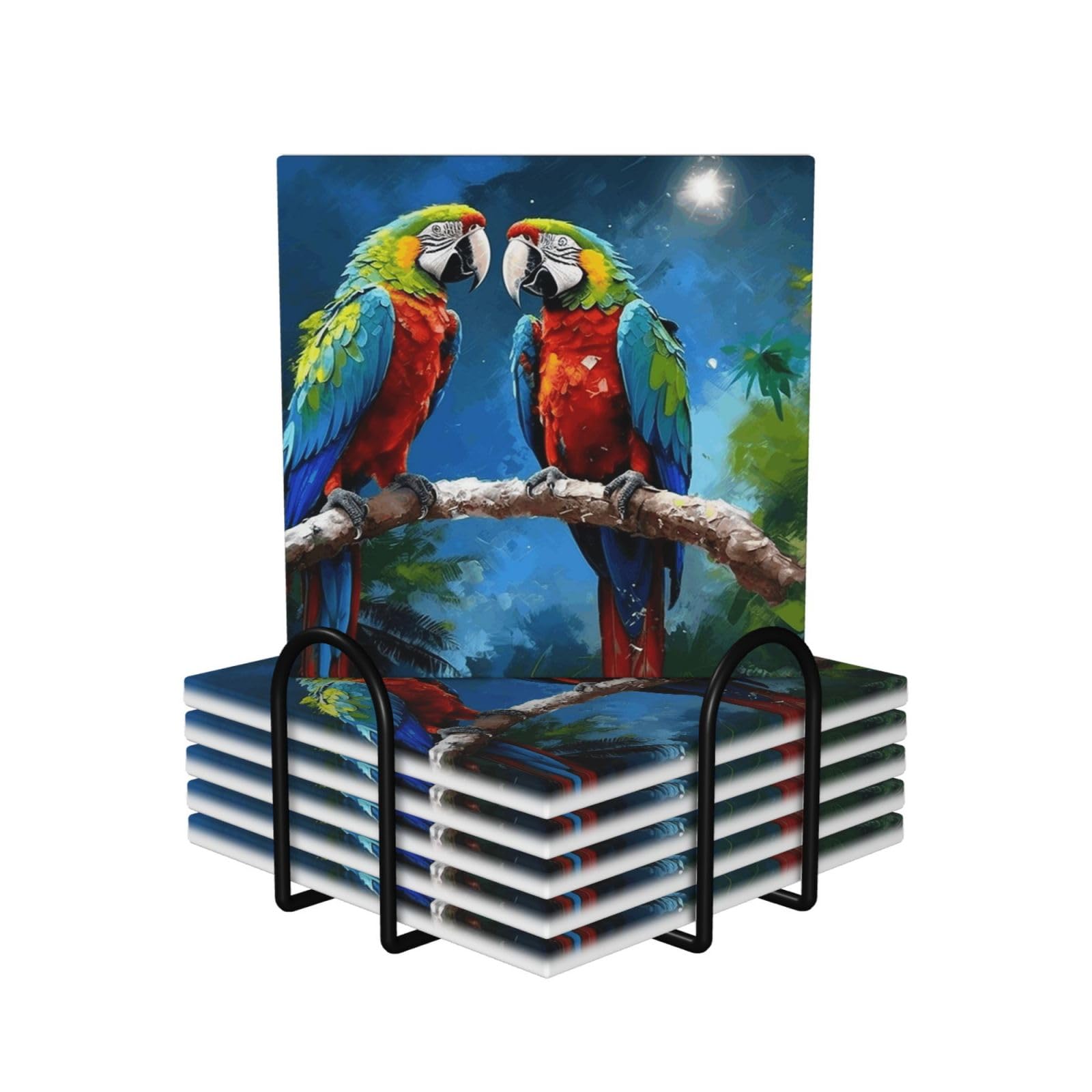 6Pcs Ceramics Coaster for Drinks, Parrots Cup Coasters with Holder, Aesthetic Drink Coasters for Coffee Table, Absorbent Round Coaster for Tabletop Protection 4" Cup Mat Pad