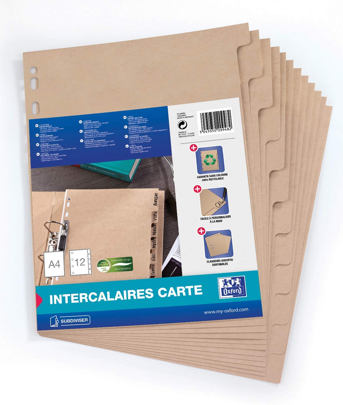 Original Falken 10er Pack Vegan-Ordner Pure Raw. Made in Germany. 8 cm breit DIN A4 Grau Aktenordner & Oxford Touareg Register, DIN A4, Recycling-Karton, 12 Taben, beige