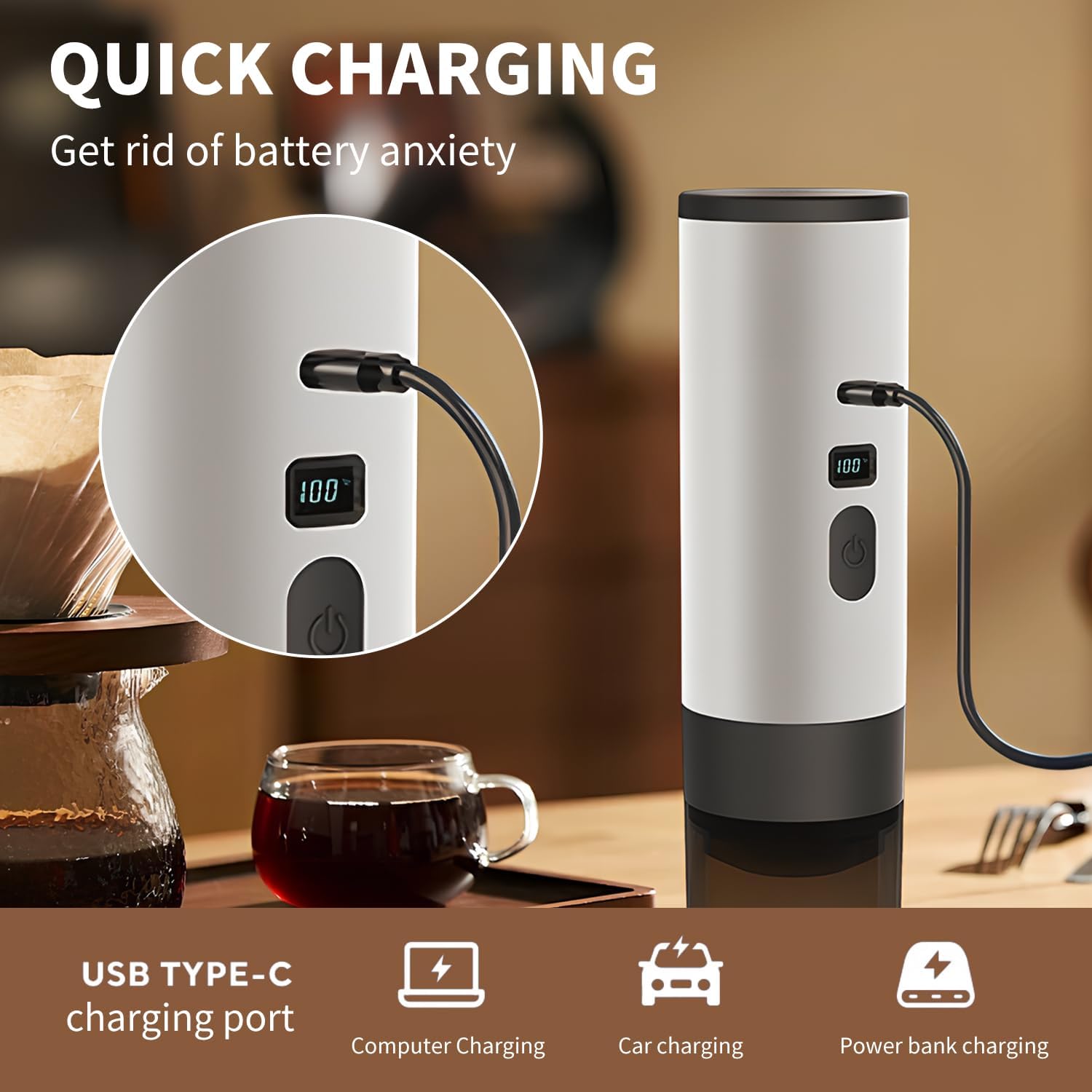Cafetera portátil 3 en 1 con pantalla LED, tanque de 90 ml, autocalentamiento, compatible con café molido y cápsulas de espresso