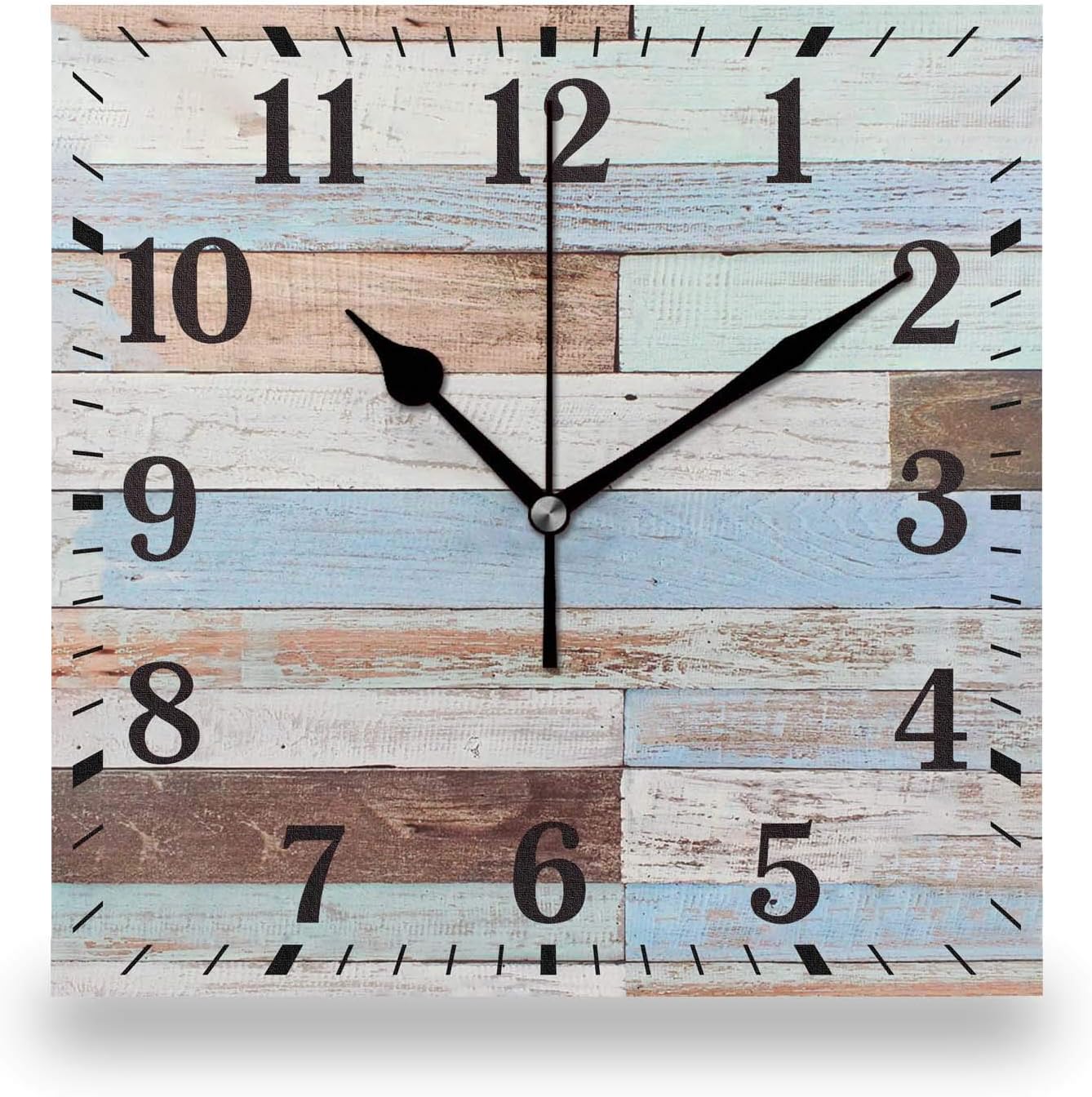 Rustic Worn Wall Clock,Vintage Coastal Worn Blue Print Decorative 14 Inch Square Silent Non-Ticking Wooden Desk Clock Battery Operated for Home Living Room Kitchen