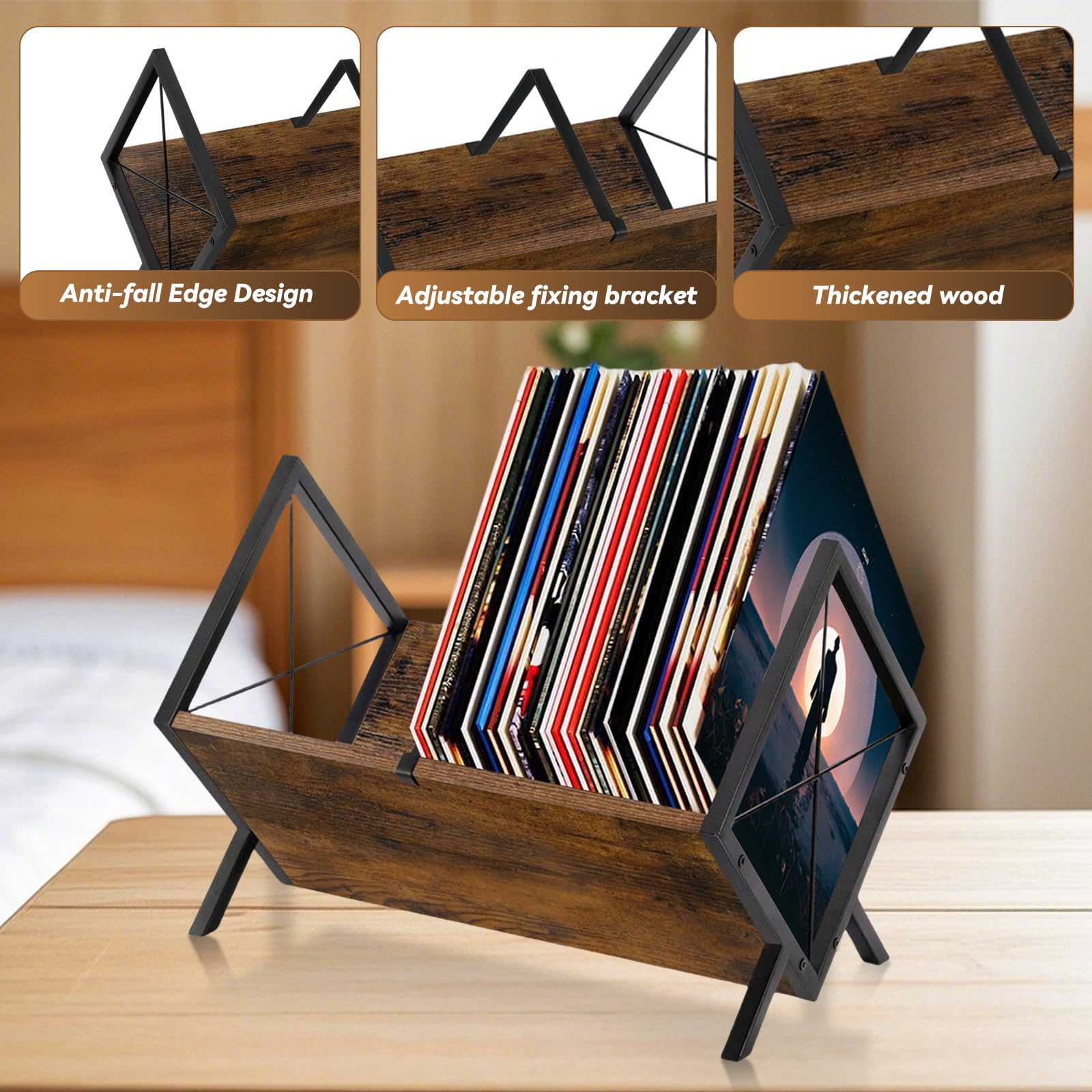 Contenitore per dischi in vinile, 1 ripiano in legno con divisorio regolabile, libro e piastra in vinile, supporto per dischi in vinile, organizzatore per CD, album, riviste, libri