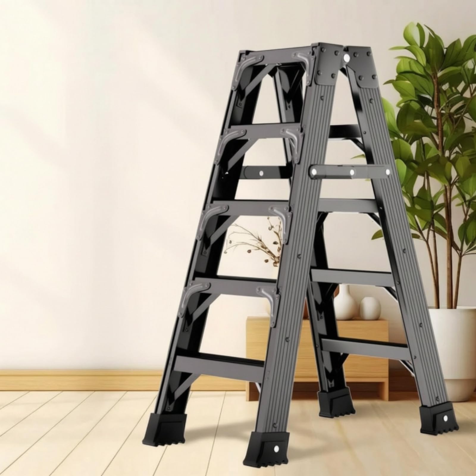 Gralara Escalera Reforzada Plegable de Tipo a, 5 Pasos, 1.5 Metros, Negro Avanzado, Engrosado Y Reforzado, Escalera De Tijera De 5 Pasos Y 1.5 Metros con Refuerzo Completo