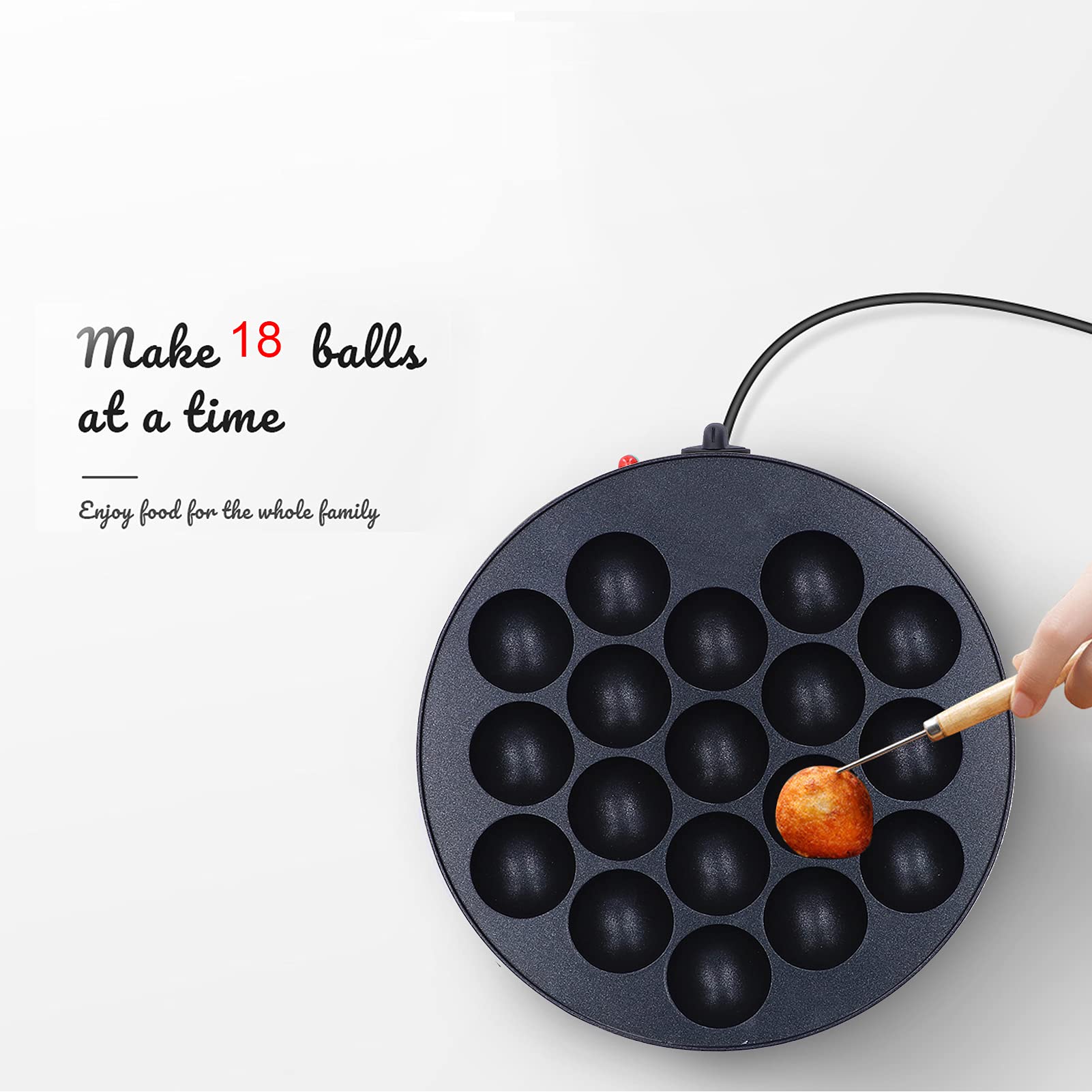 Gaufrier Takoyaki Électrique, 750W, 18 Trous, Plaque Antiadhésive, Chauffage Bilatéral, pour la Préparation de Boulettes de Poulpe, 220-240V