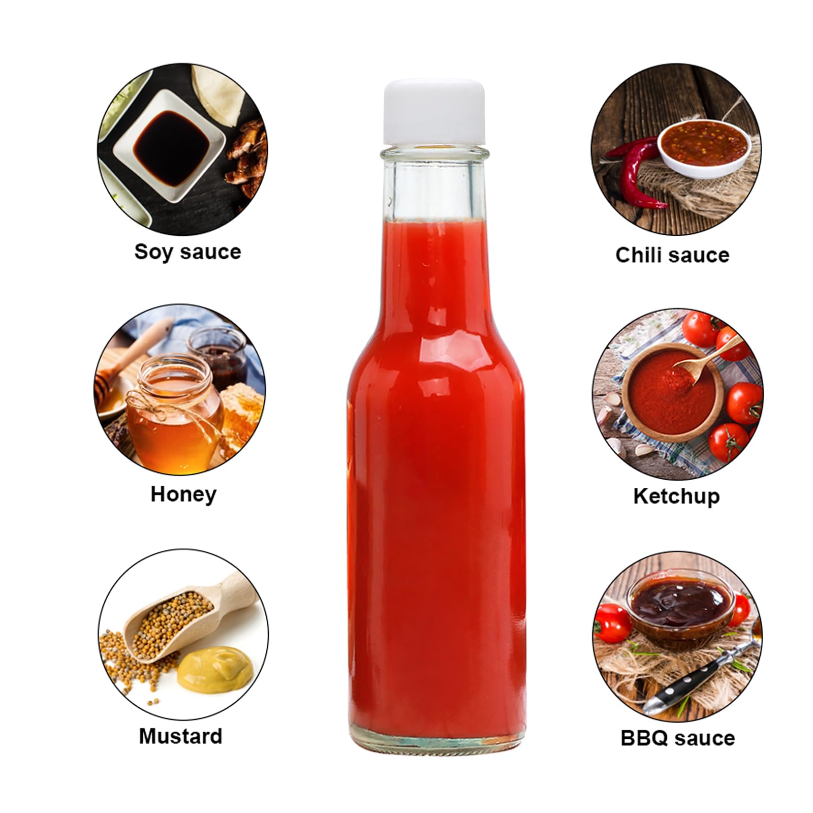 Bottiglia per salsa piccante da 141,7 ml, bottiglia in vetro con coperchio bianco, coperchio a vite a prova di perdite, confezione da 35, per olio, vodka, salsa, ketchup, tabasco, miele,