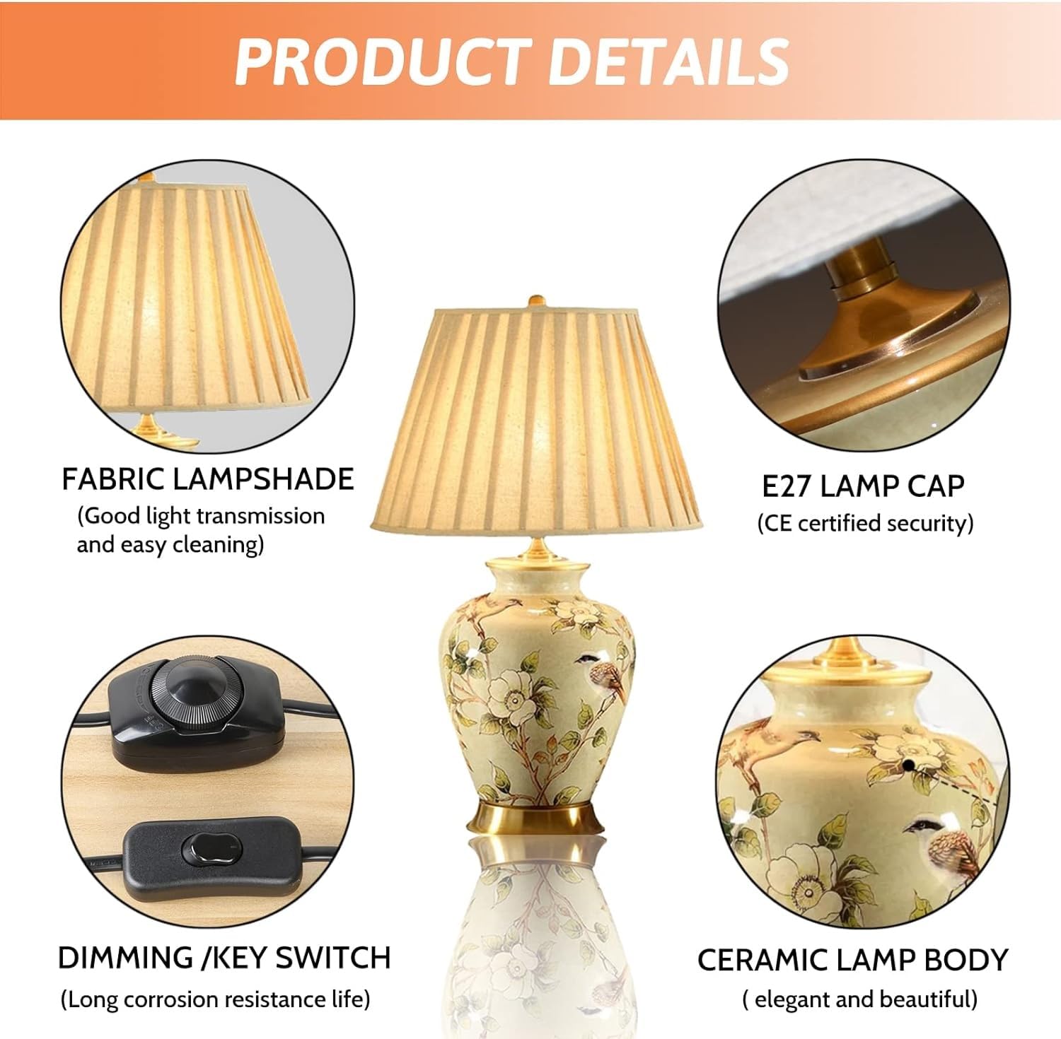 23,6-Calowa Ceramiczna Lampa Stołowa Z Motywem Kwiatów I Ptaków W Stylu Chinoiserie, Biurko Led, Nowoczesna Szafka Nocna Do Sypialni, Salonu, Pokoju Rodzinnego I Biura