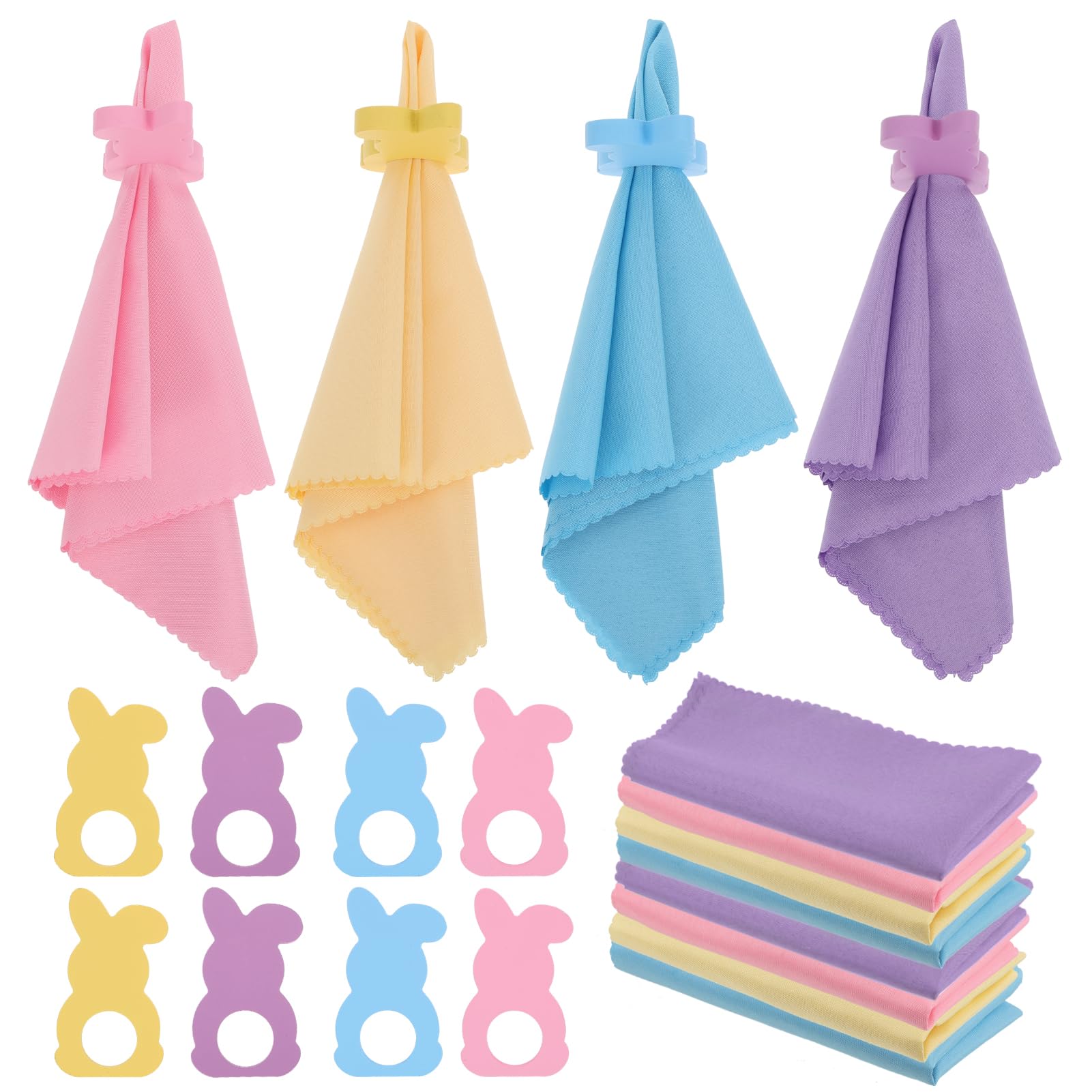 Photo 1 of 16 Pcs Easter Napkin Rings and Easter Napkins Cloth -Wood Rabbit Bunny Napkin Rings Holders Set Pastel Cloth Napkins for Easter Spring Holiday Dinning Table Dinner Decoration