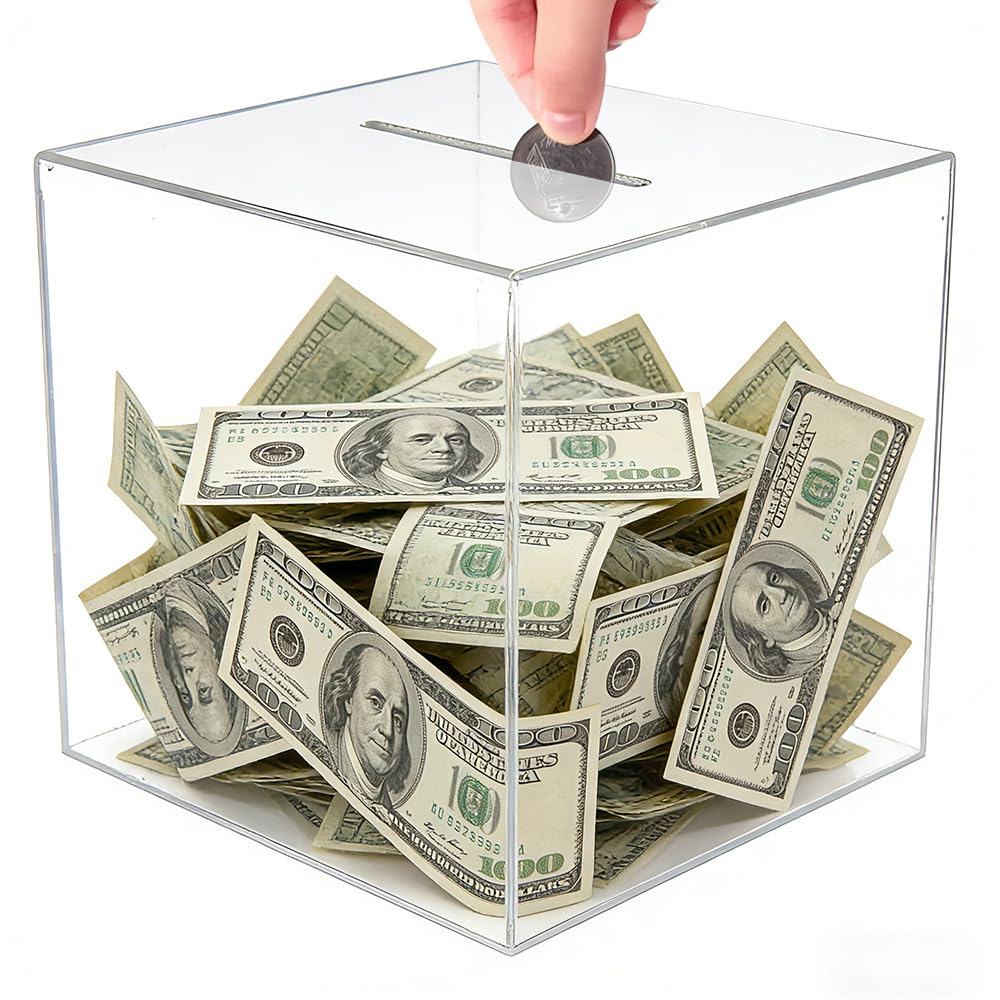 XEERUN Clear Acrylic Money Box, 18 x 18 x18cm Square Money Box Break to Open, Clear Piggy Bank for Adults Kids, Unopenable Money Saving Box for Storage Coins Cash Change