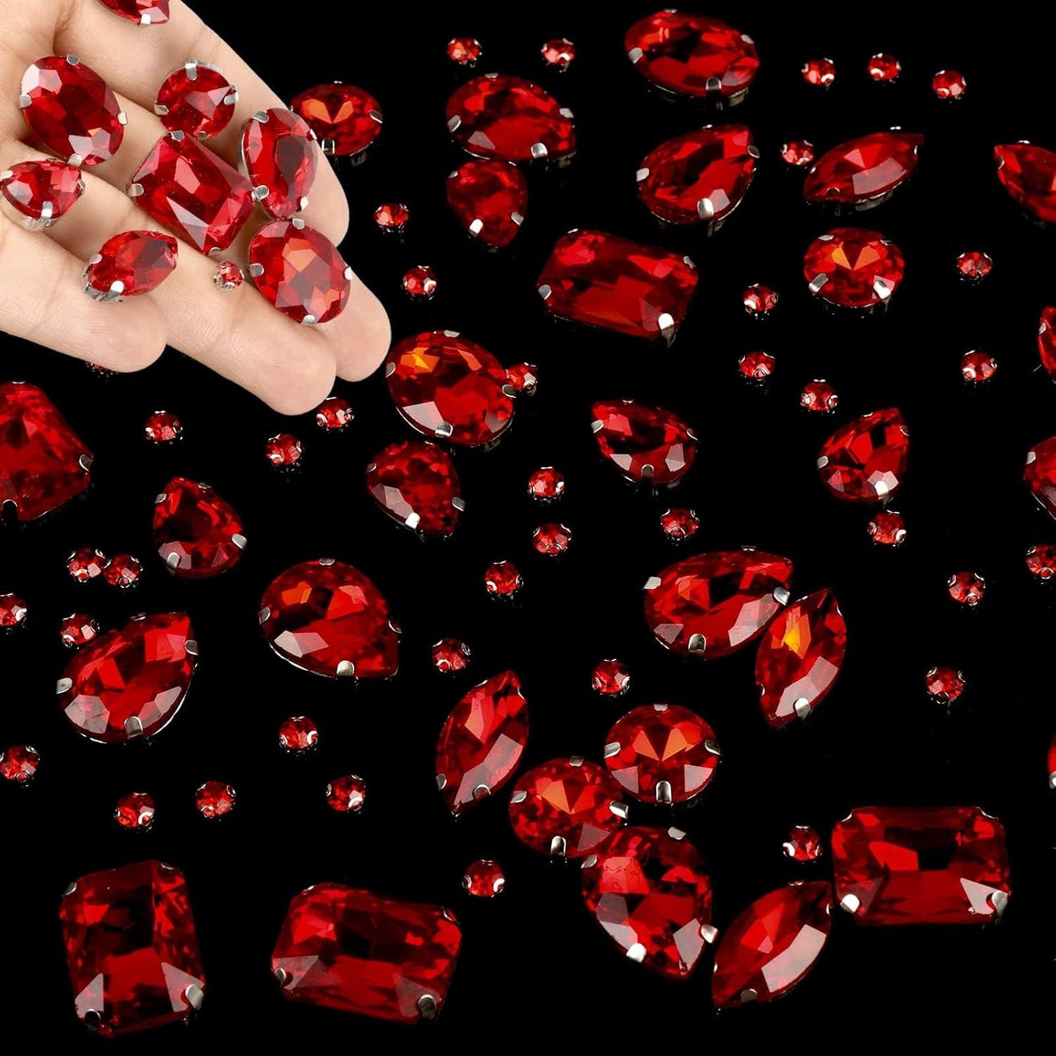 GUOYOU 186 Pieces AB Sewing Gems Six Styles of Craft Rhinestones Metal Claw-Set Sewing Rhinestones Suitable Jewels for Crafting DIY Clothes Jewelry Handicrafts Clothing Shoes and Hats (Bright Red)