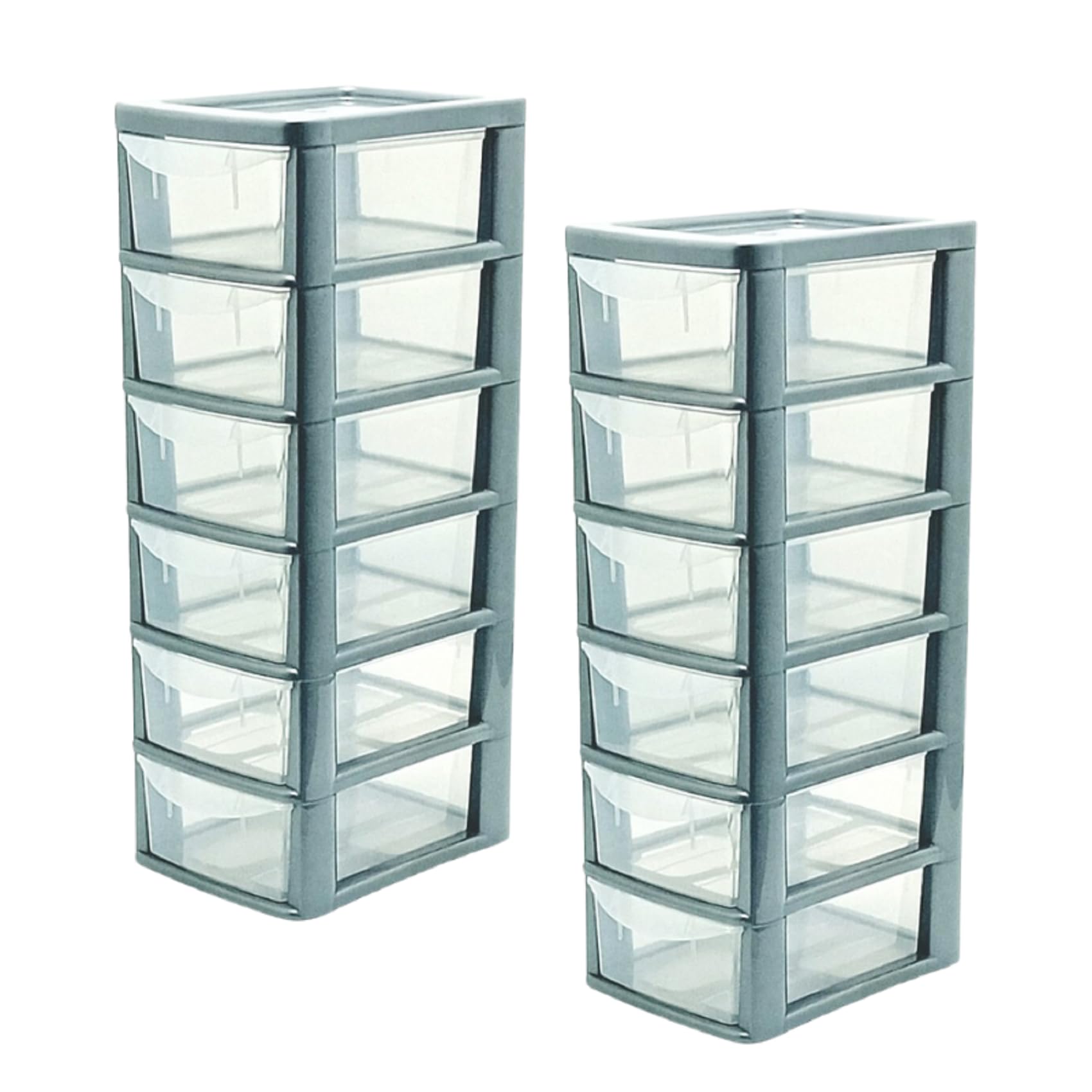 Khanary 2x Plastic Storage Drawers Unit 6 Tier Small mini Tower Homes, Kitchen, Schools, Offices Plastic Drawer Organizer Desktop Table Top Drawers Stationary 26Dx19Wx60H (2, 6 Drawer Silver Clear)