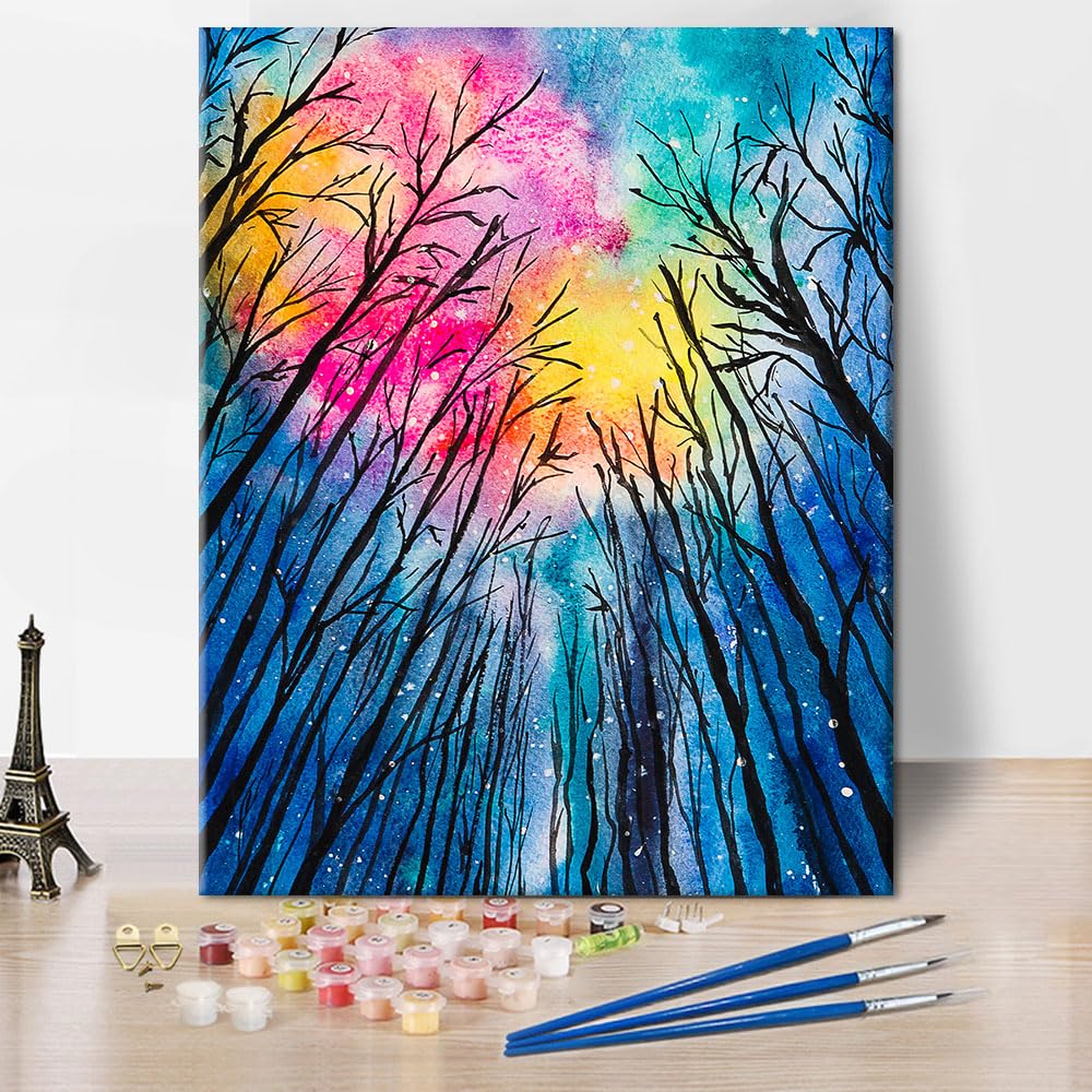 Tree Paint by Numbers Adults Acrylic Simple DIY Painting Kit for Art Crafts Kits Beautiful Tree Forest Landscape on Sky Colorful Starry Sky Oil Paint by Numbers for Beginners Without Frame 16x20 Inch