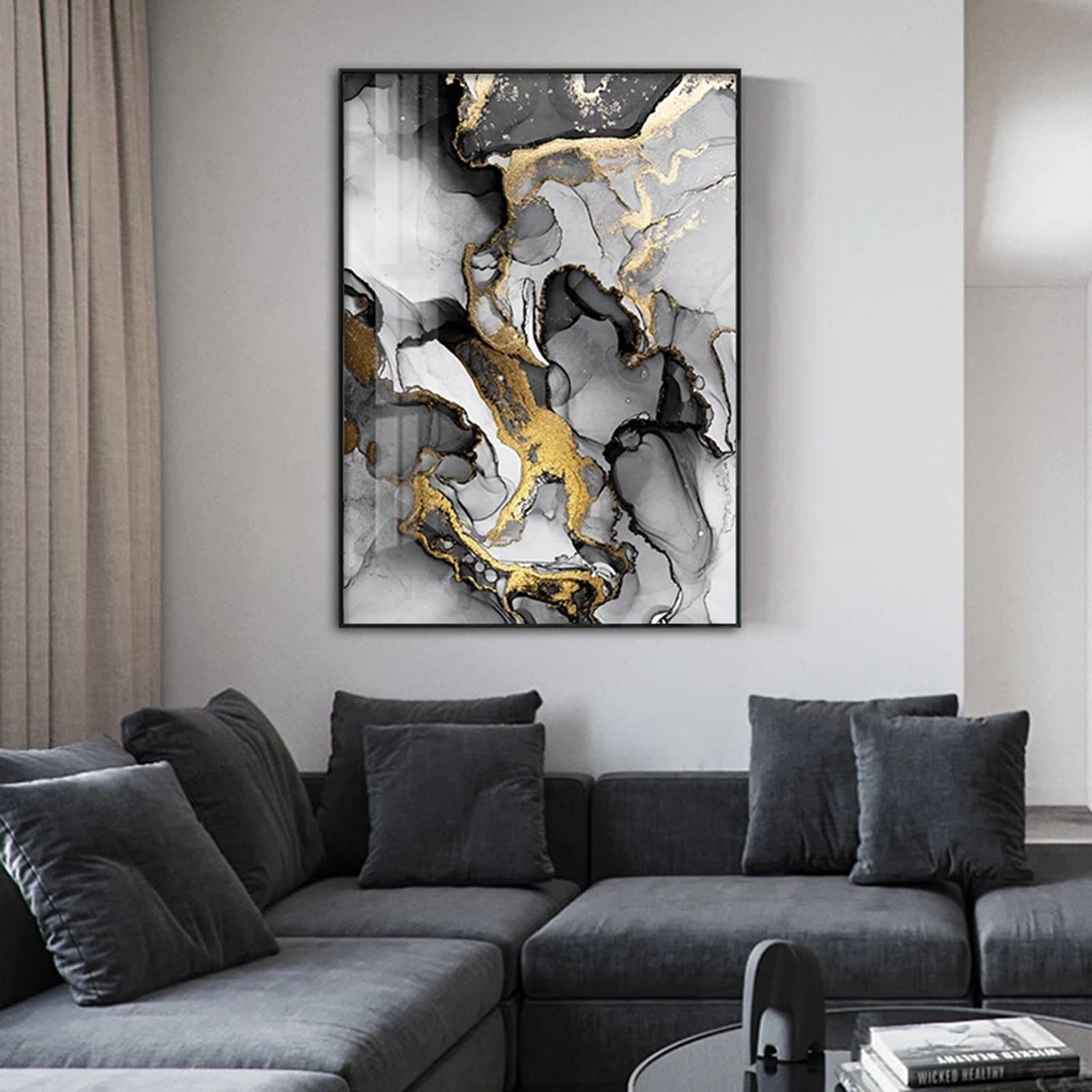 HEHGVCF Cuadro sobre lienzo Geométrico 40 x 60 cm, Arte Mármol Abstracto Negro, Blanco, Dorado Gris, Póster en Lienzo Conjunto de Cuadros sin Marco (D, 40 x 60 cm)