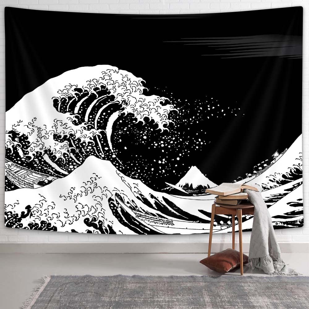 Bzhilja Japanese Waves Tapestry Wall Hanging, Black and White Japan Mount Fuji Kanagawa Ocean Wave Wall Decor Tapestries for Bedroom Living Room Wall