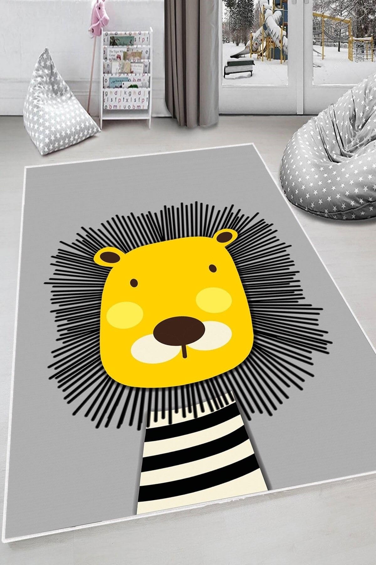 Pelangi Gri Aslan Desenli Yıkanabilir Kaymaz Taban Leke Tutmazbebek Ve Çocuk Odası Halısı, Gri-Sarı 40 x 40