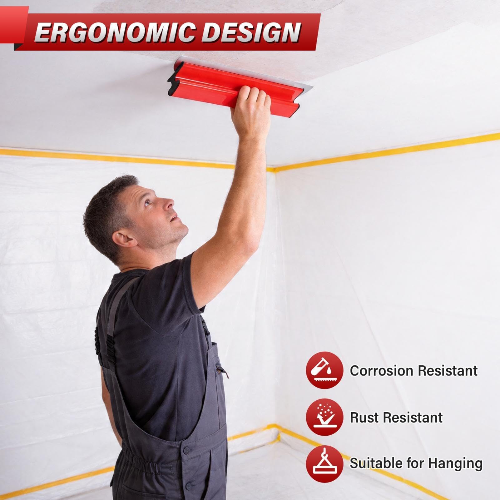 Flächenspachtel Set, (20,40,60,80,100cm) Spachtel Werkzeug Und 86cm-207cmTeleskopstange Mit Adapter, Multifunktionales Glättungsspatel-Kit Für Professionelle Trockenbaus, Verputzer(Rot)