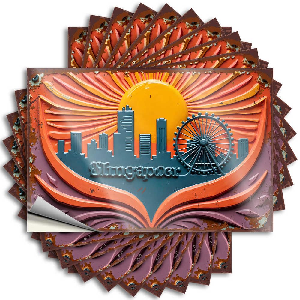 Snarky Tattoo Aesthetic Decals, Stuff Cute Pattern Design for Stone Notebook | Bottle Removable Vinyl Vibrant Singapore Skyline with Ferris Wheel and Sunburst(8X12CM)