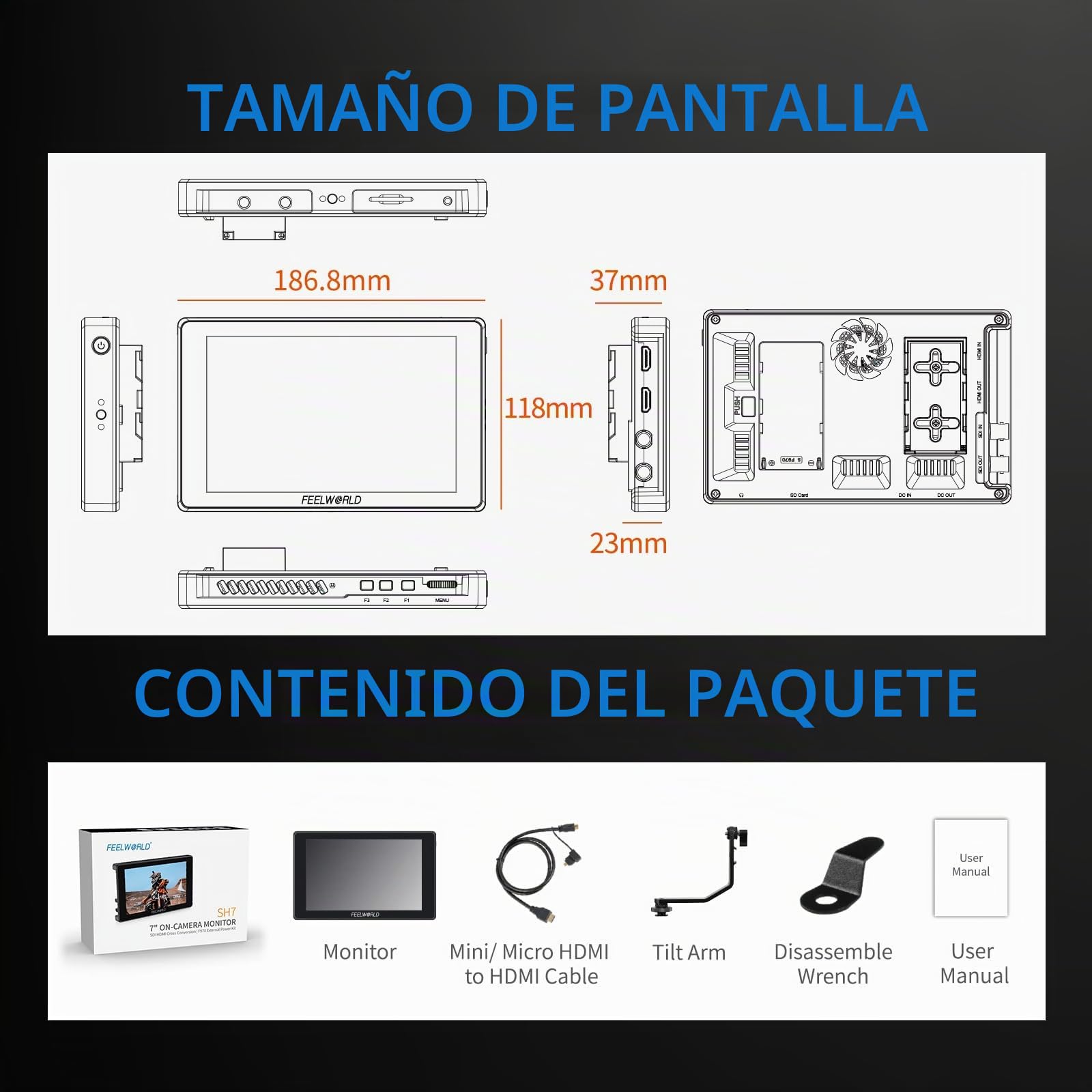 FEELWORLD SH7 7 Pulgadas DSLR Monitor de Campo Compatible con conversión Cruzada SDI HDMI y Salida 3D LUT con Forma de Onda táctil 2200 nits Brillo Ultra F970 Kit de instalación y alimentación
