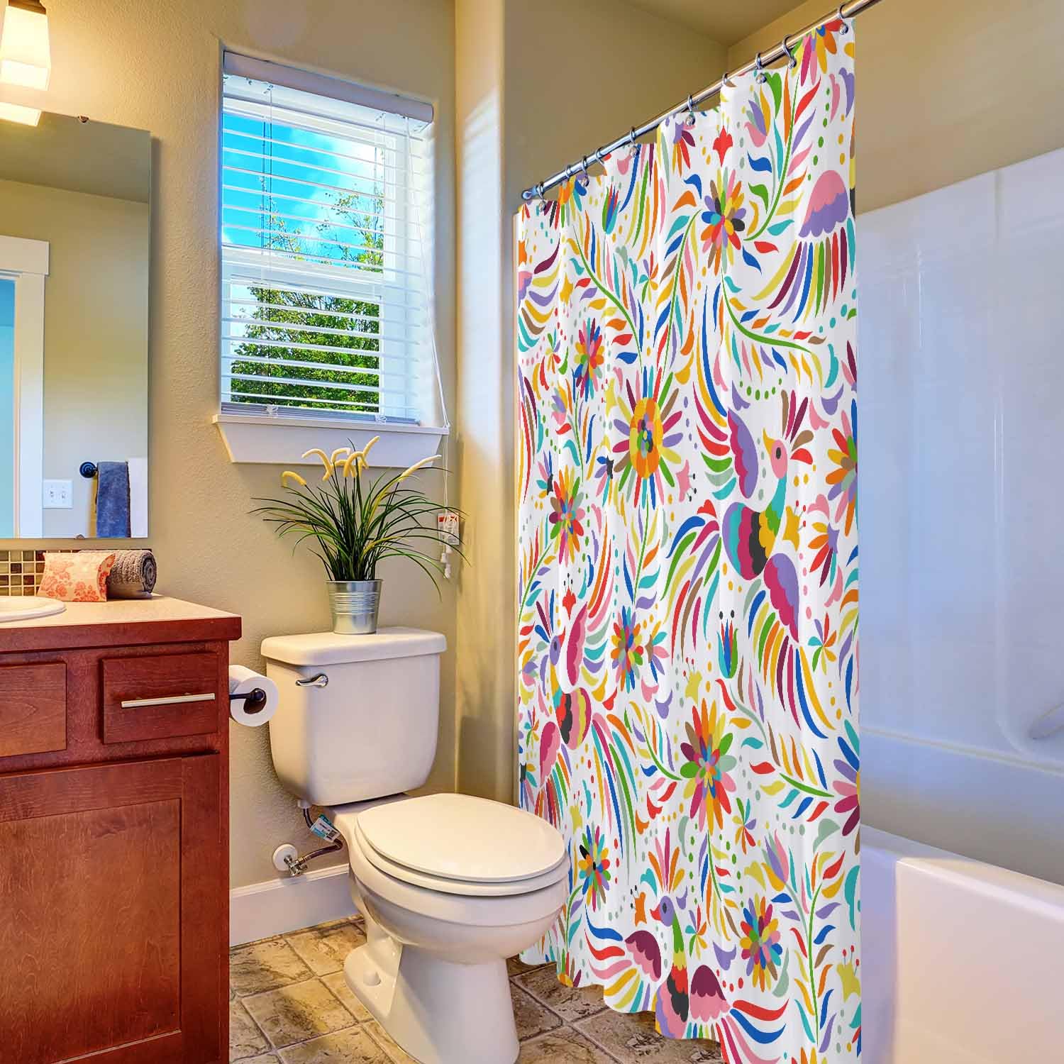 Woutay Shower Curtain Water Repellant Fabric Colorful Ethnic Birds and Flowers,Mould Proof Resistant,Polyester,Size 180x180CM - Image 4