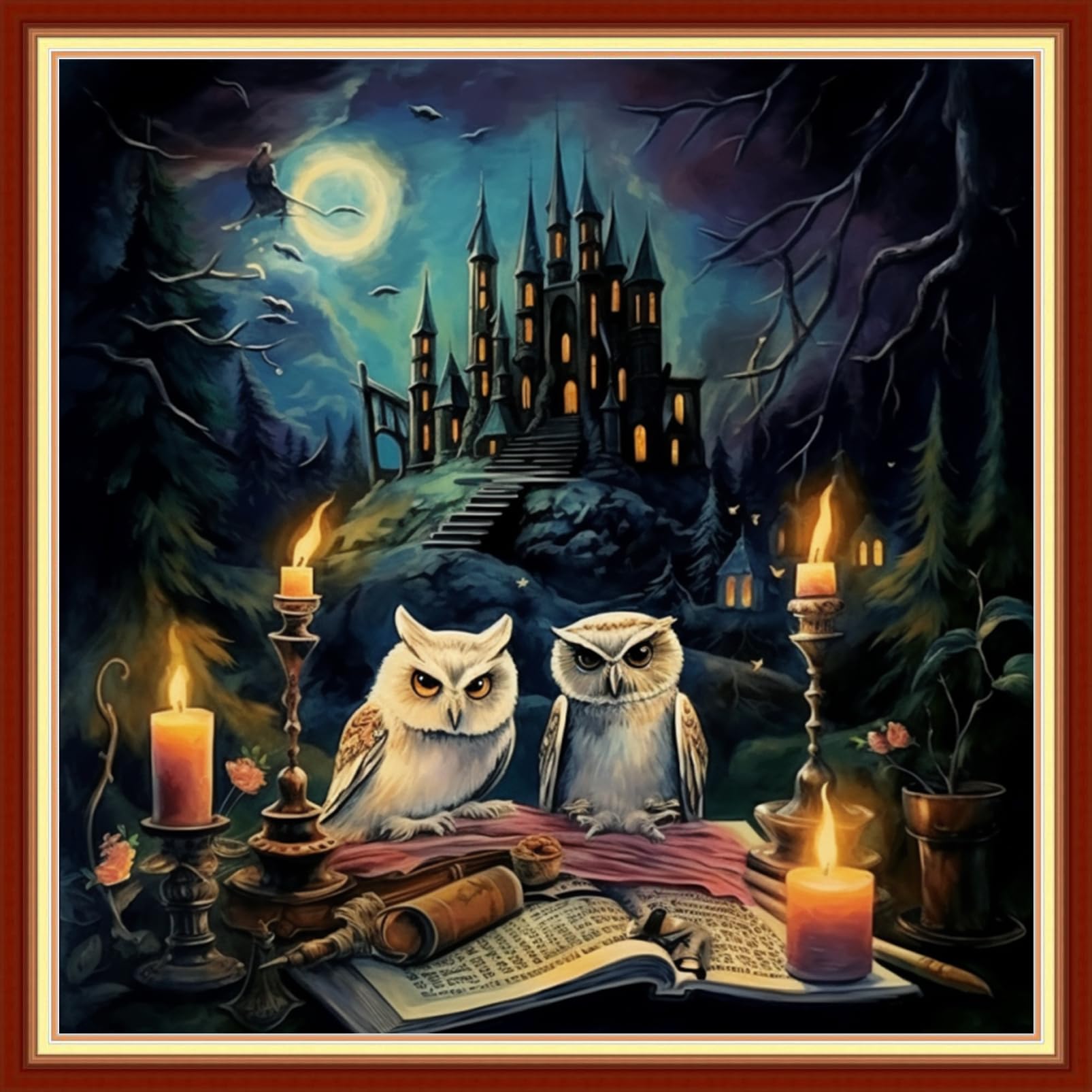 DMCVIVR Stamped Cross Stitch Kits for Beginners Adults Needlepoint Kits for Beginners Embroidery Kits for Adults Crossstitch Kit for Beginners 11CT-Owl Castle 18x18 inch