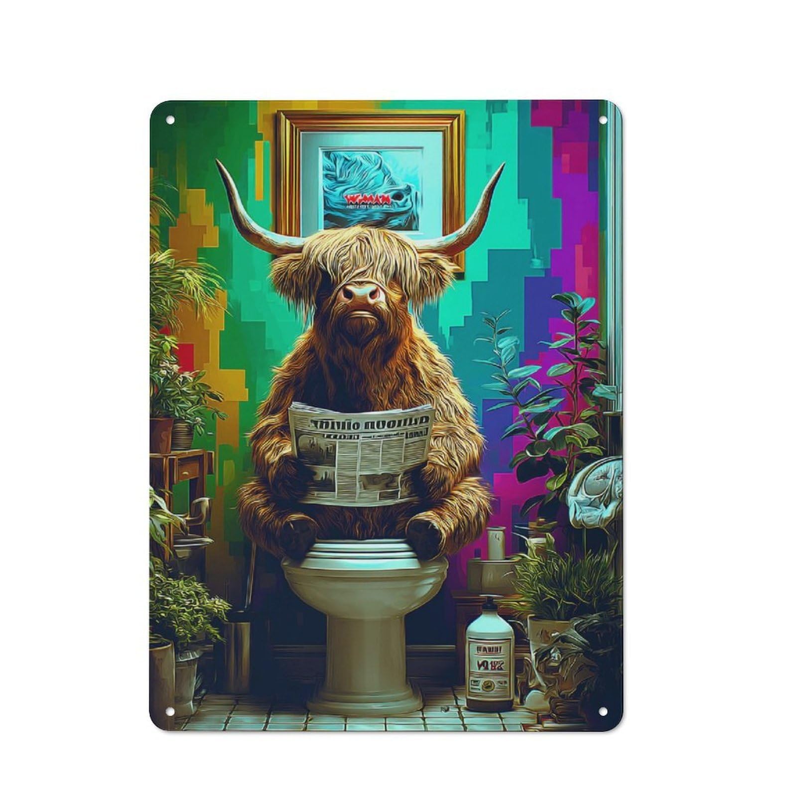 Highland Cow Reading Newspaper on Toilet -2 Farmhouse Metal Sign 40x30cm, Barn Style Rustic Kitchen Decor for Cottage, Kitchen, Hallway Or Breakfast Nook