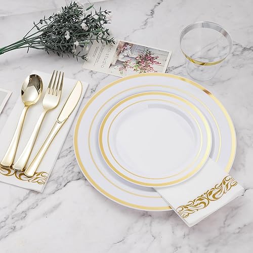 Miniatura 2 de BESTVIP 175 PCS Gold Dinnerware Set for 25 Guests, Plastic Dinnerware Set for Party, Wedding, Christmas, Halloween, Include: 50 Plastic Plates, 25