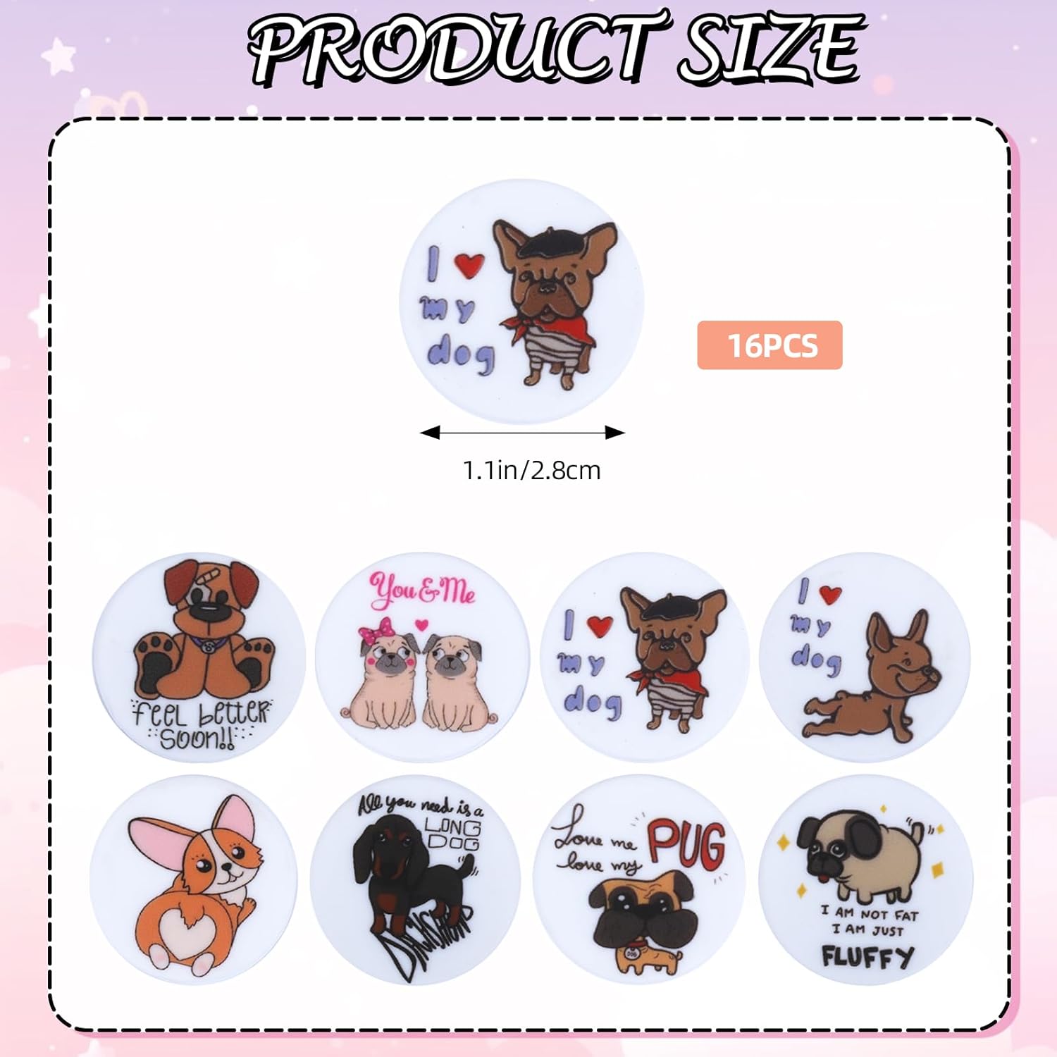 16Pcs Unique Silicone Beads for Keychain Making Printed Flat Round Focal Beads for Pens Bracelet Necklace Jewelry Making(Puppy) - Image 2