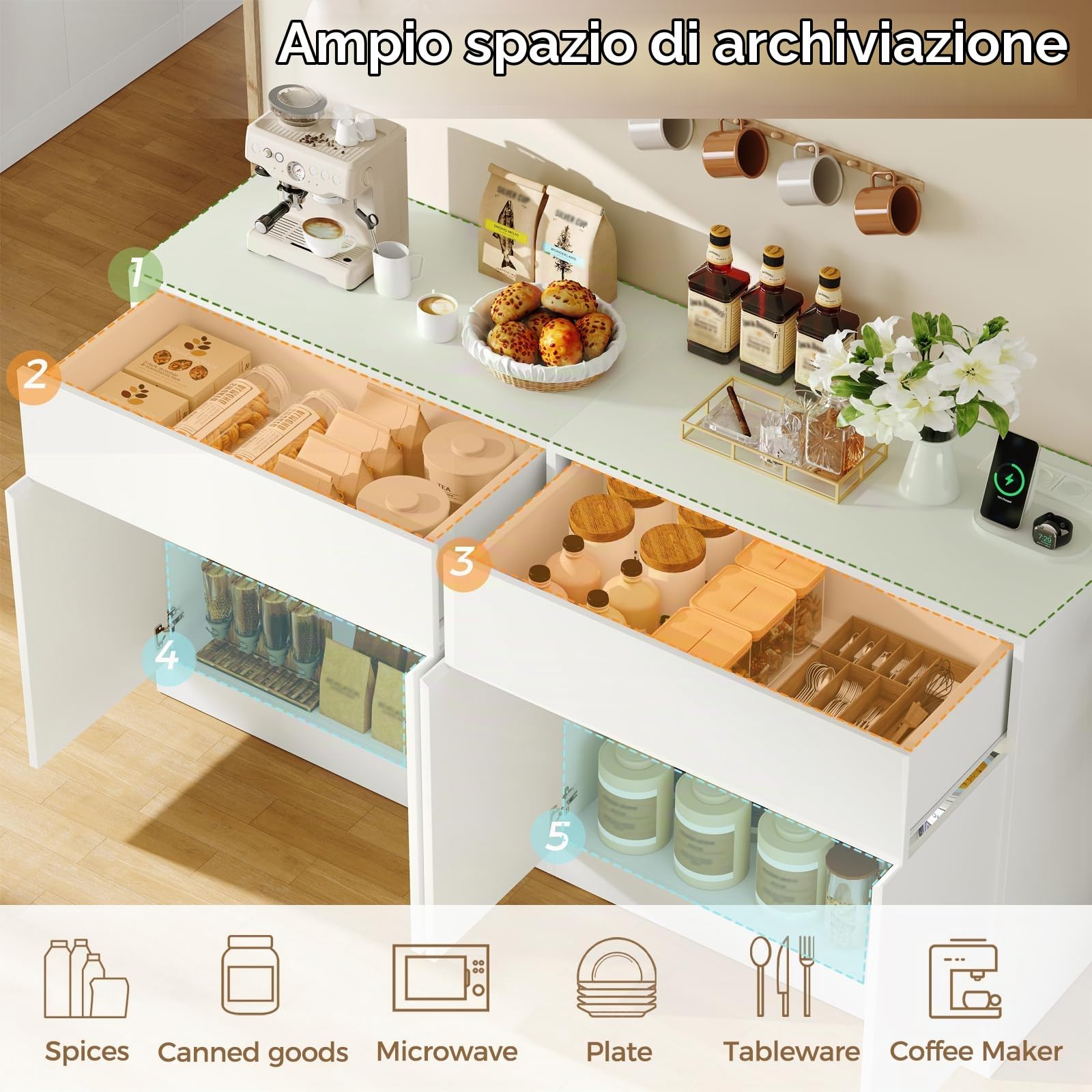 BEWISHOME Credenza Cucina, Credenza Soggiorno, Presa con Elettrica Bianco | 140×80×40cm Mobile cucina con 2 Cassettie 4 Ante Mobile Buffet Ripiani Regolabili Stile Modernoper Ambiente Pranzo Soggiorno