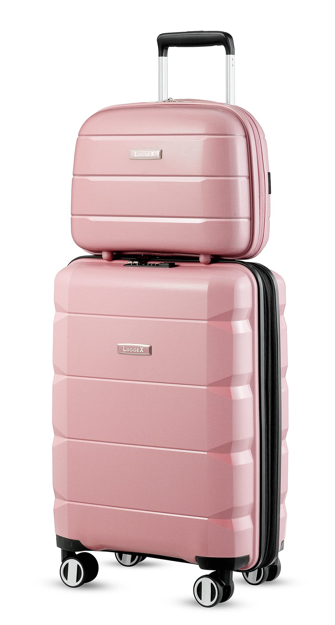 LUGGEX Pink Carry On Luggage with Spinner Wheels, PP Lightweight Suitcase with 14 Inch Case, Expandable Luggage 2 Piece