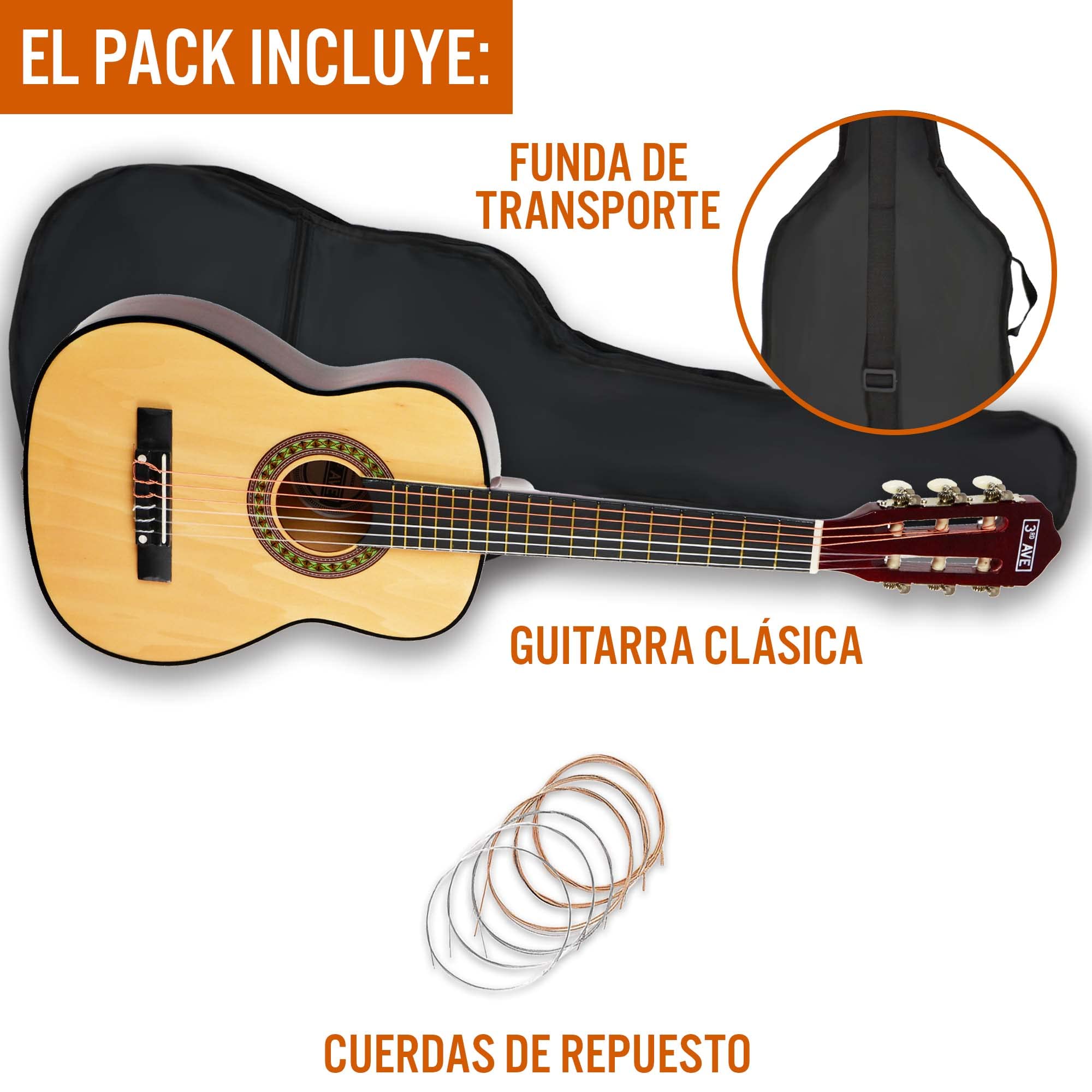 3rd Avenue Paquete Para Principiantes Con Cuerdas De Nailon Español Para Guitarra Clásica Para Niños, Tamaño 1/4, 6 Meses De Lecciones Gratis, Bolsa Y Cuerdas, Natural