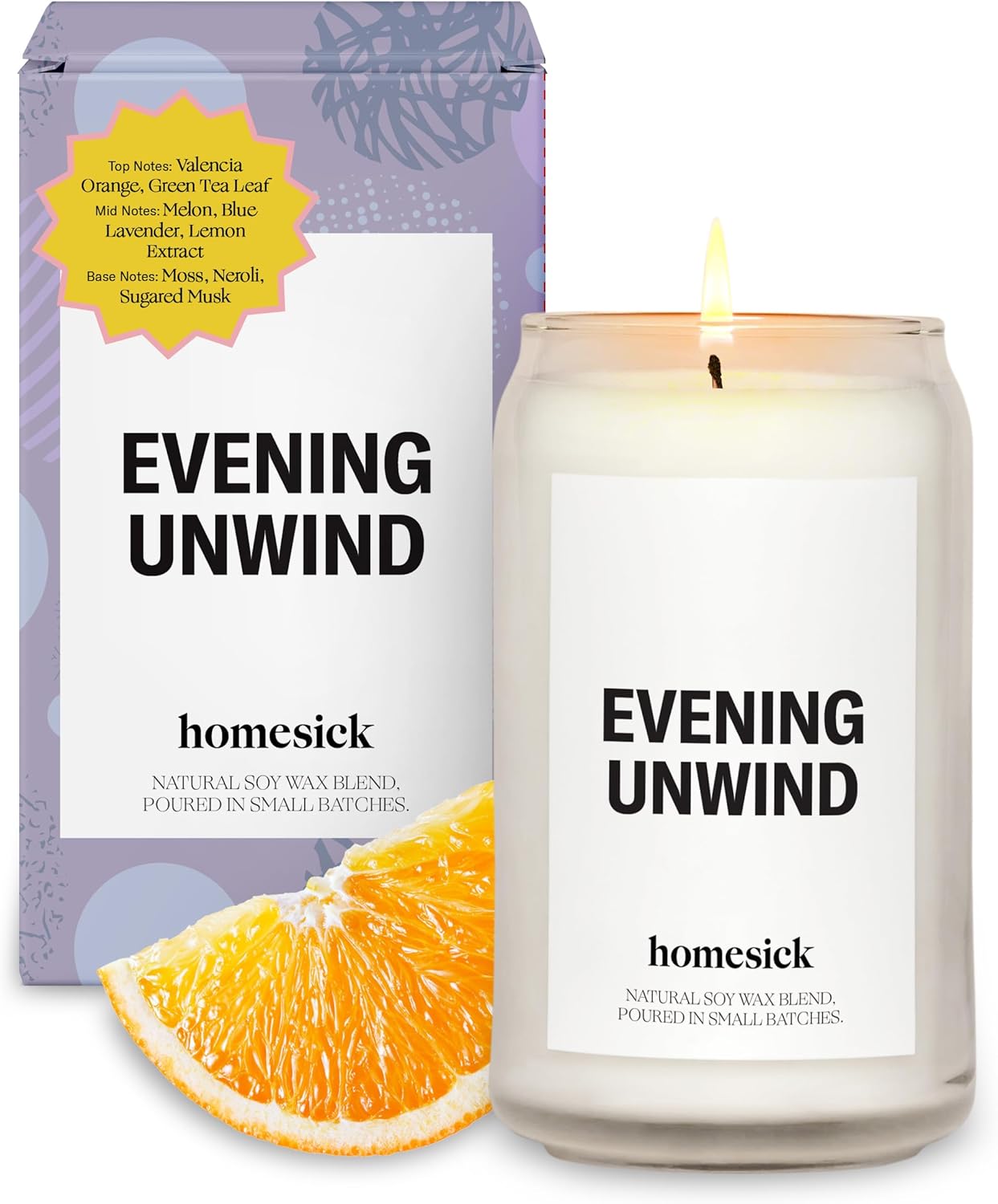 The iconic Homesick Evening Unwind candle with its simple, bold text-based label design.