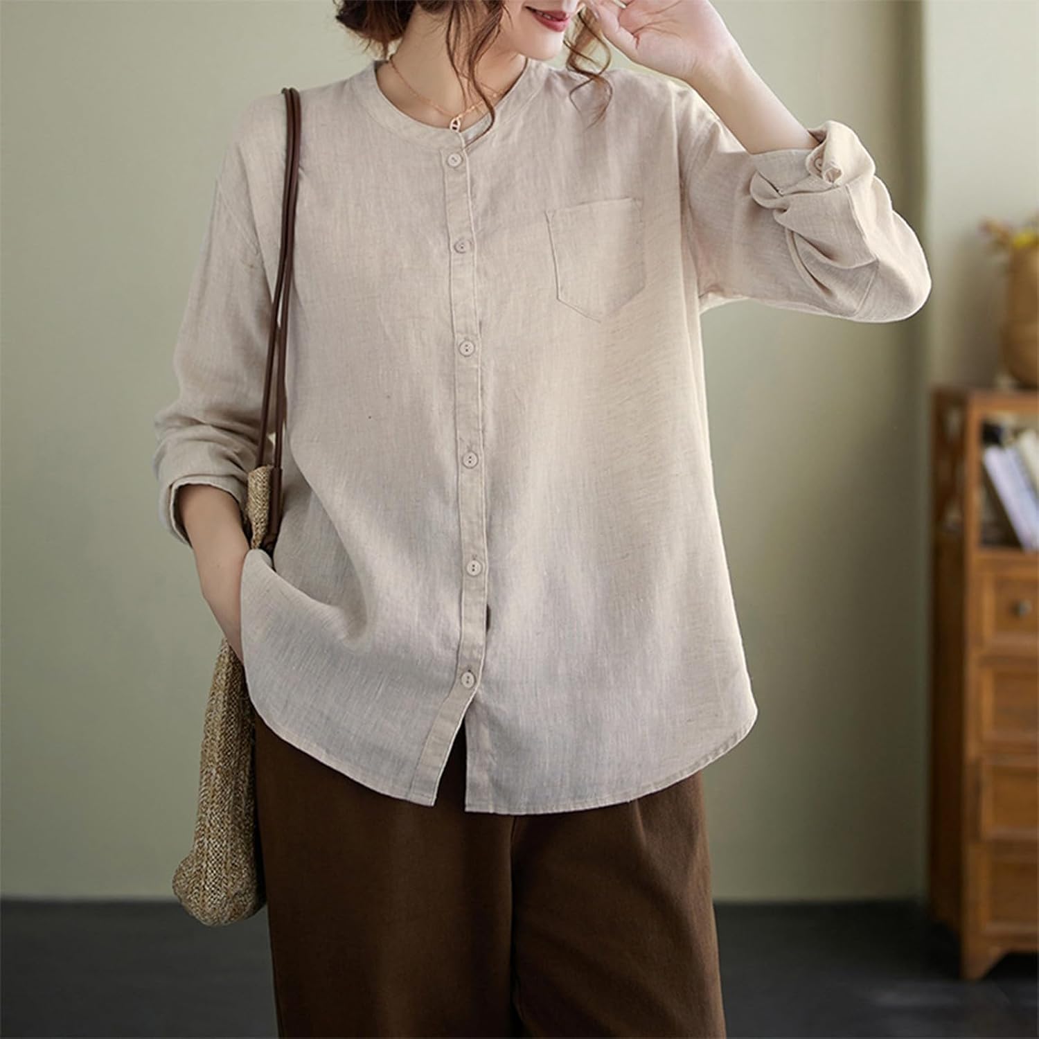 Linen Tops for Women Casual Dressy Work Blouse 3/4 Sleeve Button Down Shirts Lounge Tunic Tops Summer Beach Vacation Outfits