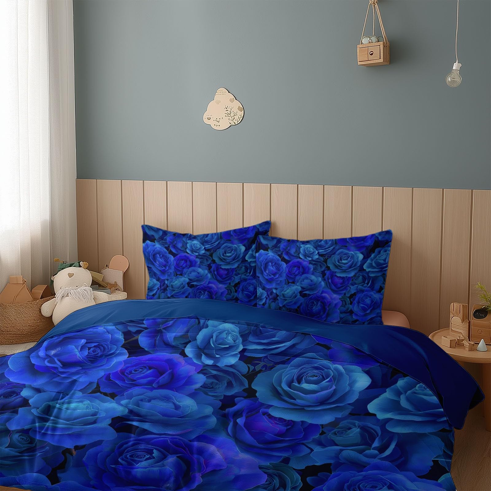 Pościel 200 x 200 cm, ombre, romantyczna, kwiatowa, różowa, niebieska, poszewka na kołdrę z miękkiej mikrofibry, nowoczesna poszewka na kołdrę z zamkiem błyskawicznym i 2 poszewkami na poduszkę 80 x