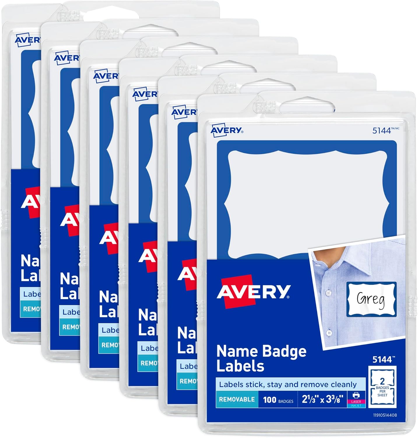 Avery 44144 Printable Name Tags, 600 Removable Adhesive Badges, 2-1/3"x3-3/8" White/Blue Border, Bulk 6x100 Packs