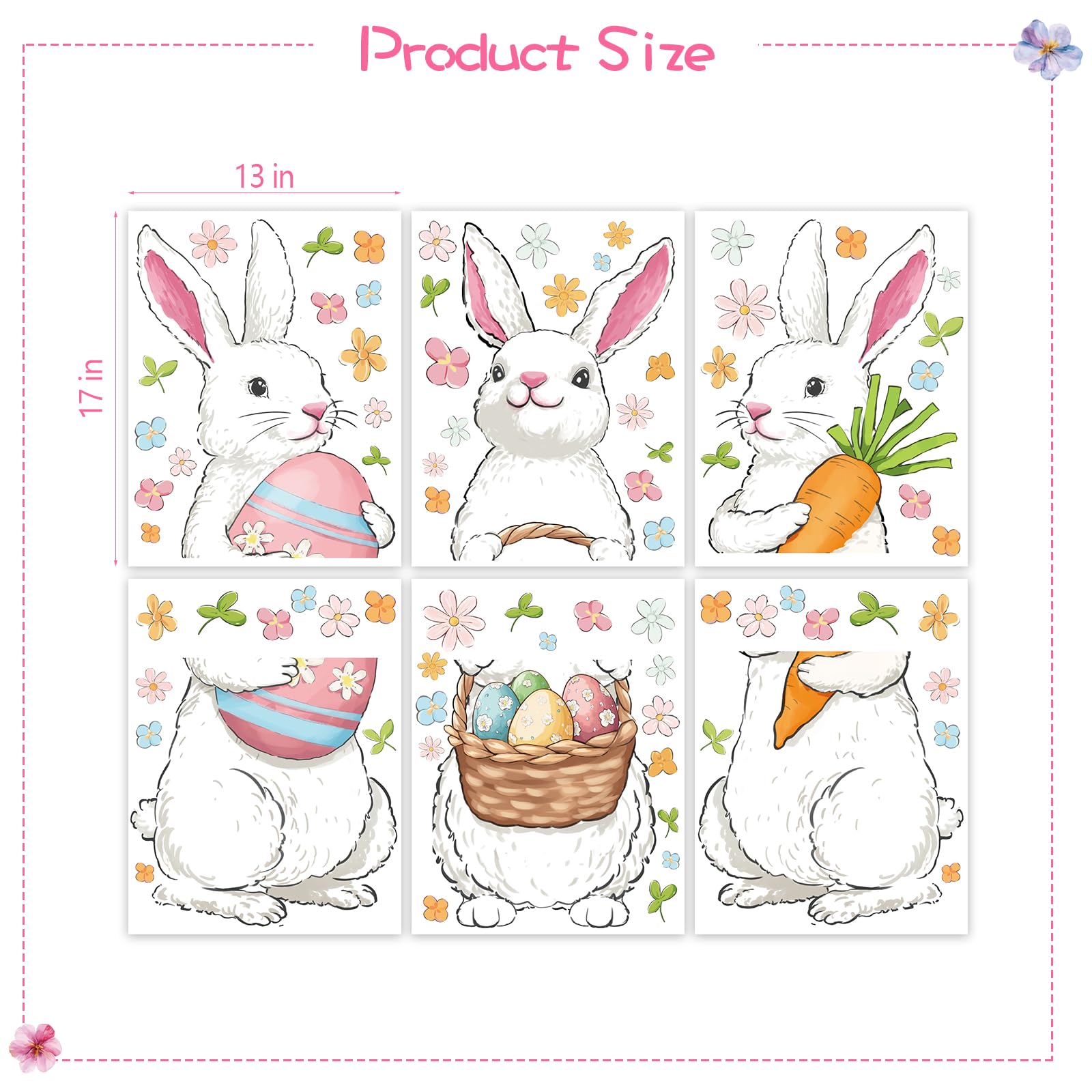 Farmhouse Easter Decorations Window Clings: Extra Large Easter Bunny Holding Eggs Carrot, Cute Rustic White Rabbits Spring Window Clings for Glass Windows, Kids Home Office Party Gifts, 6 Sheets