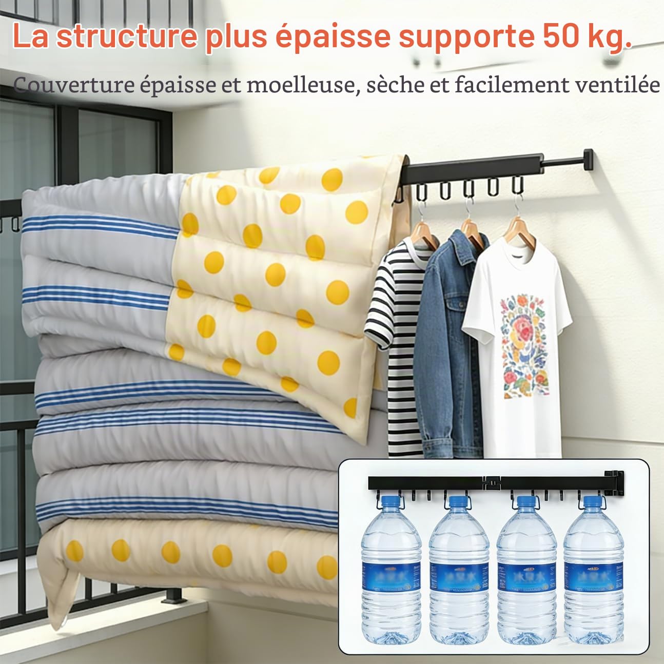 Étendoir à Linge Mural Pliable et rétractable de 128 cm, 3 étendoirs, Gain de Place, idéal pour balcons, salles de Bain et buanderies, Noir