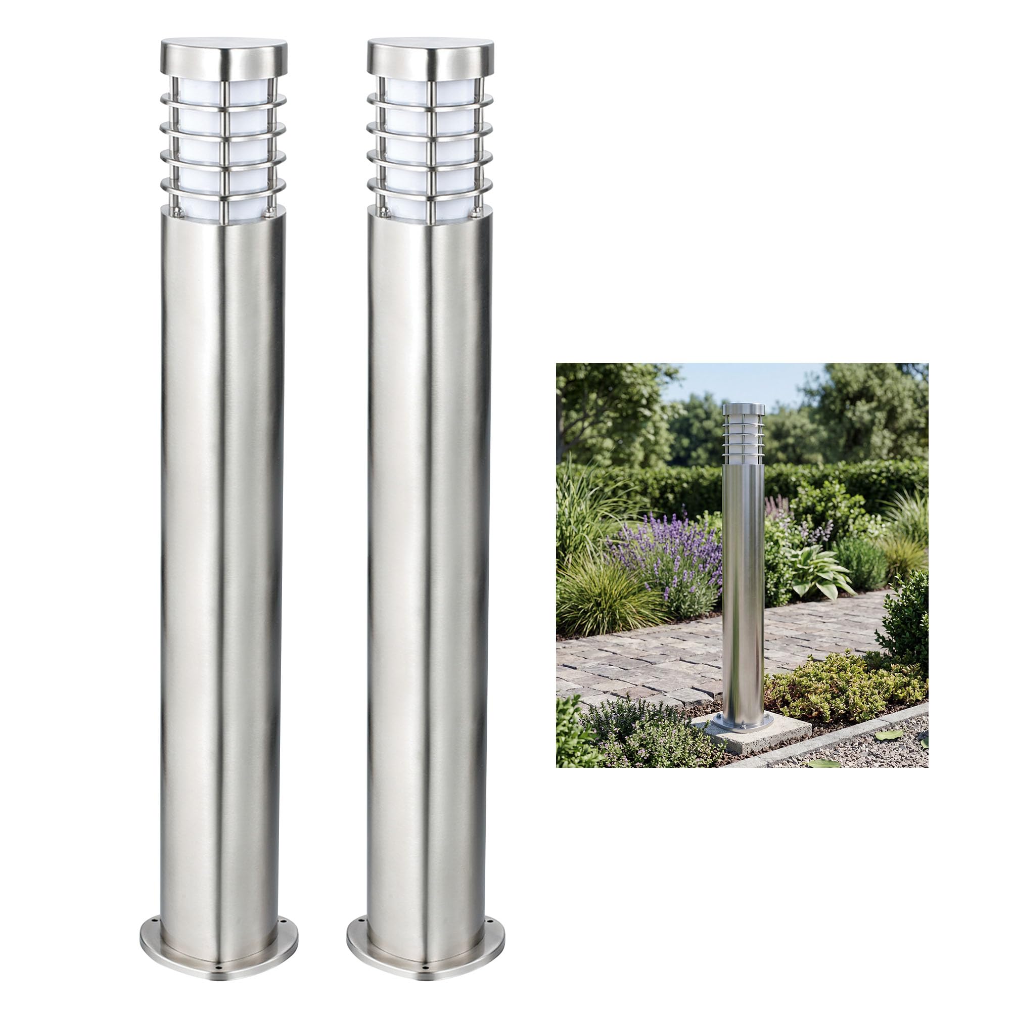 National Lighting IP44 Rated Triangular Bollard Light Outdoor Driveway Patio Mains LED Bollard Lights, Brushed Stainless Steel Finish Lamp Post 800mm, 9W 240V LED ES E27 (Not Included) - 2-Pack