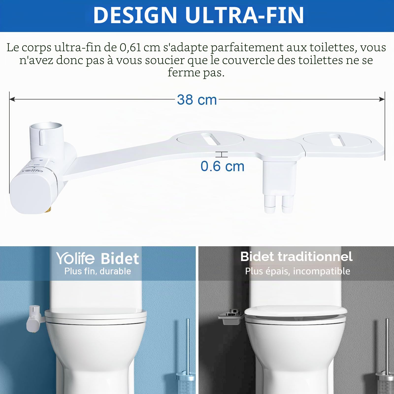 Yolife Bidet Toilette WC Ultra Japonaise Toilette Bidet Non Électrique Double Buse, Cuvette Japonaise Rétractables Autonettoyantes-Nettoyage Arrière/Femelle
