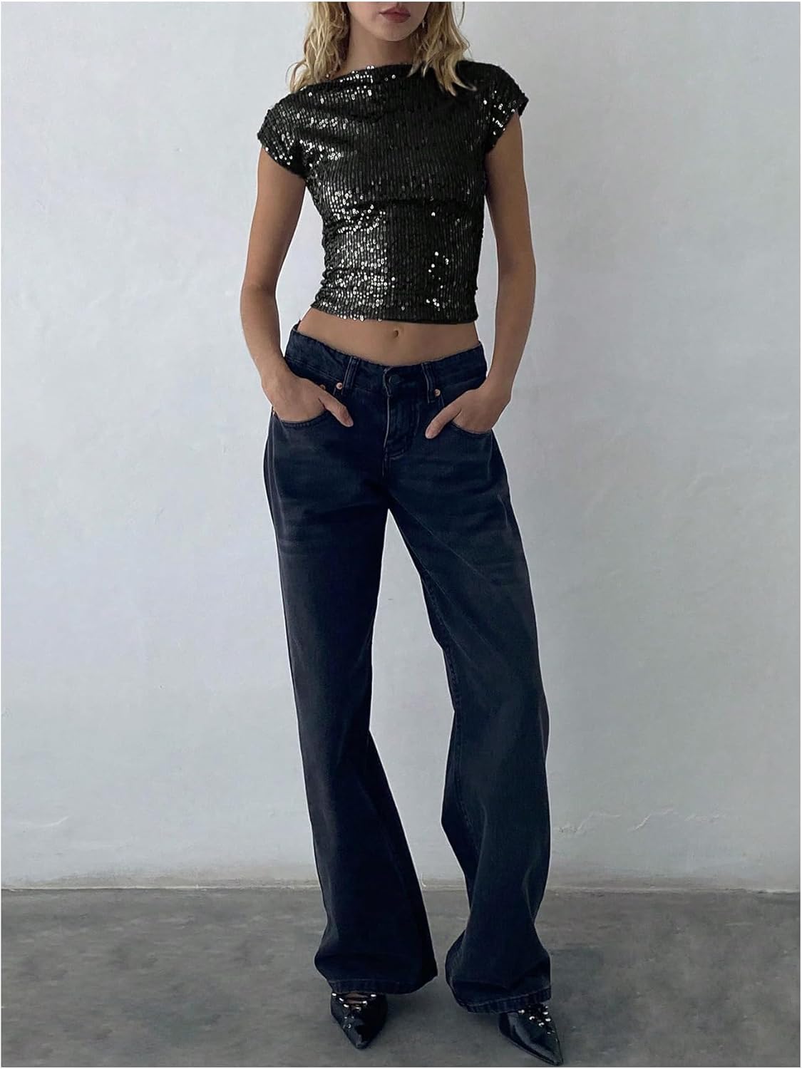 WDIRARA Women's Sequin Boat Neck Shirts Sparkle Glitter Backless Tee Cap Sleeve Crop Tops - Image 5