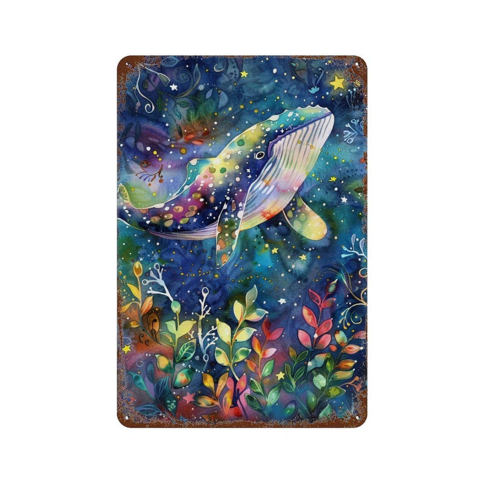Whale Fantasy Ocean Art Print Aged Metal Wall Plaque 11.8"x7.9", Ideal for Patio, Garden Room And Bar Decor
