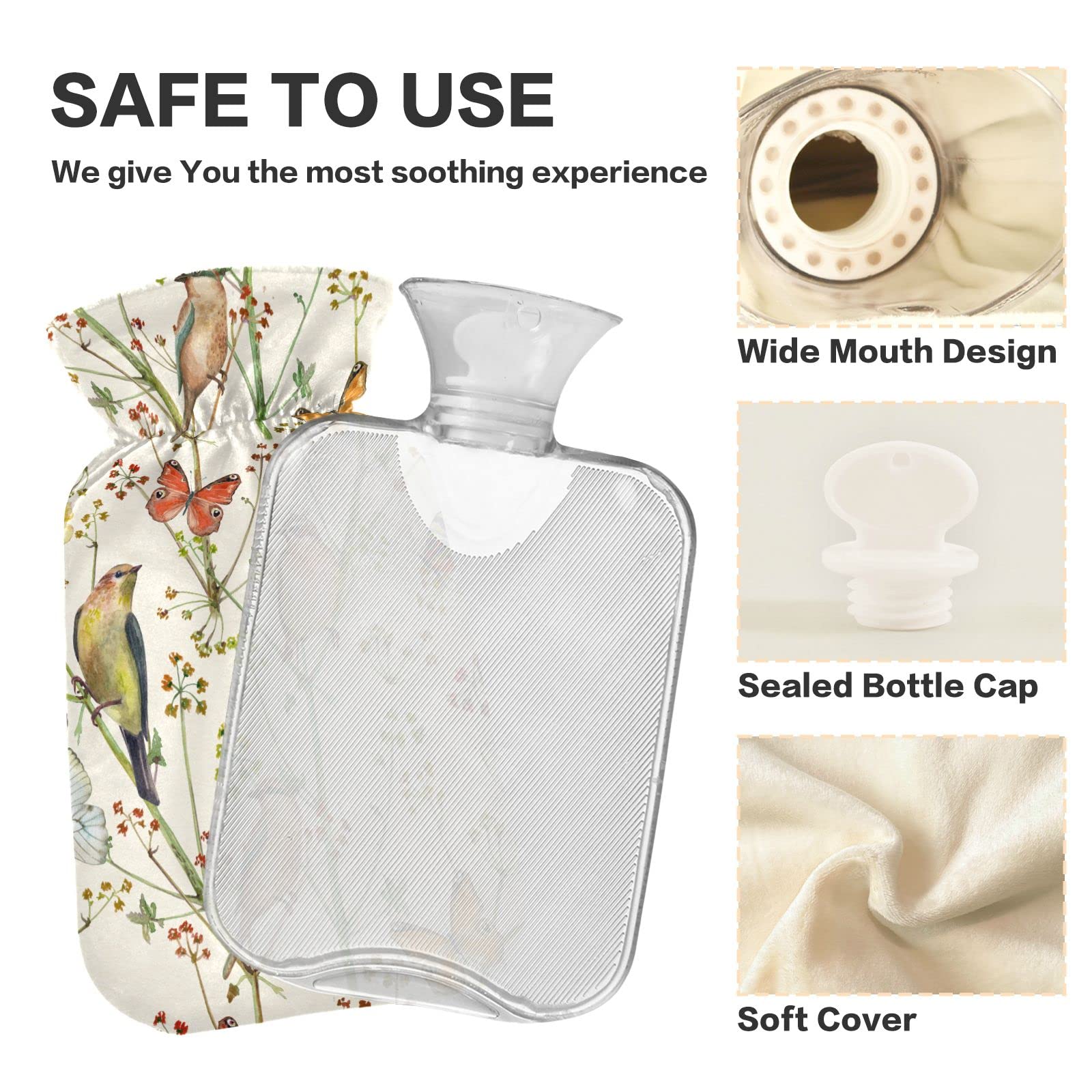 Naanle Hot Water Bottle with Cover Butterfly Birds Transparent Warm Water Bottle Hot Water Bag for Bed Hand Feet Warmer Pain Relief Hot and Cold Therapy Capacity 2L Large